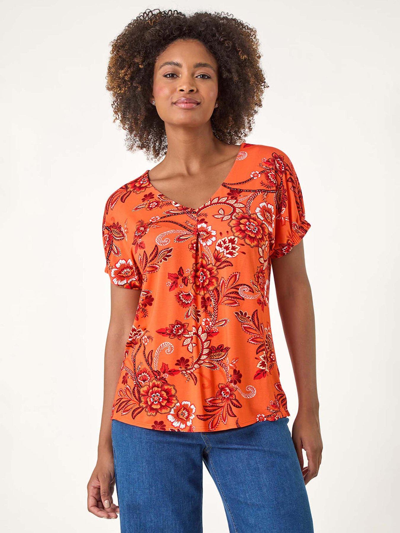 undefined Floral Print Pleat Front Top - Orange