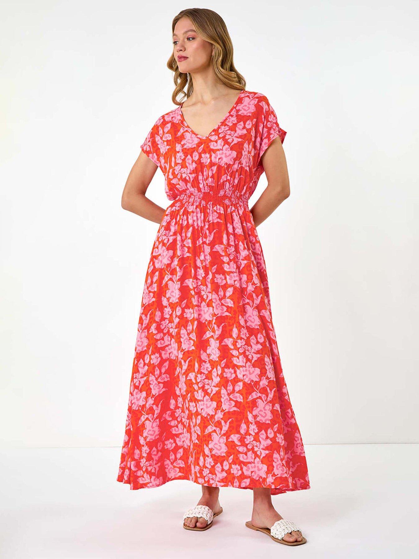 undefined Floral Print Shirred Maxi Dress - Orange