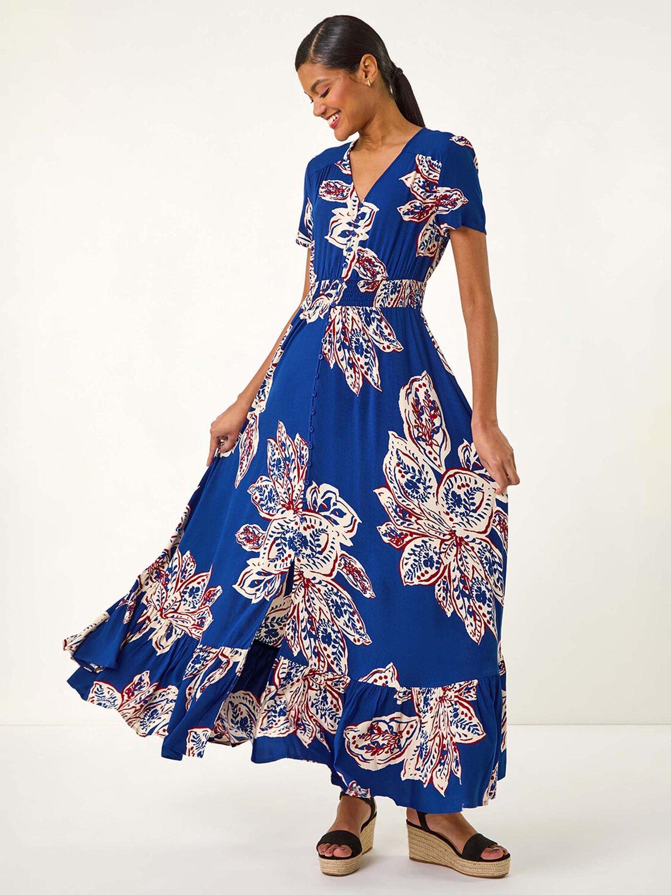 Roman Leaf Print Shirred Maxi Dress - Blue