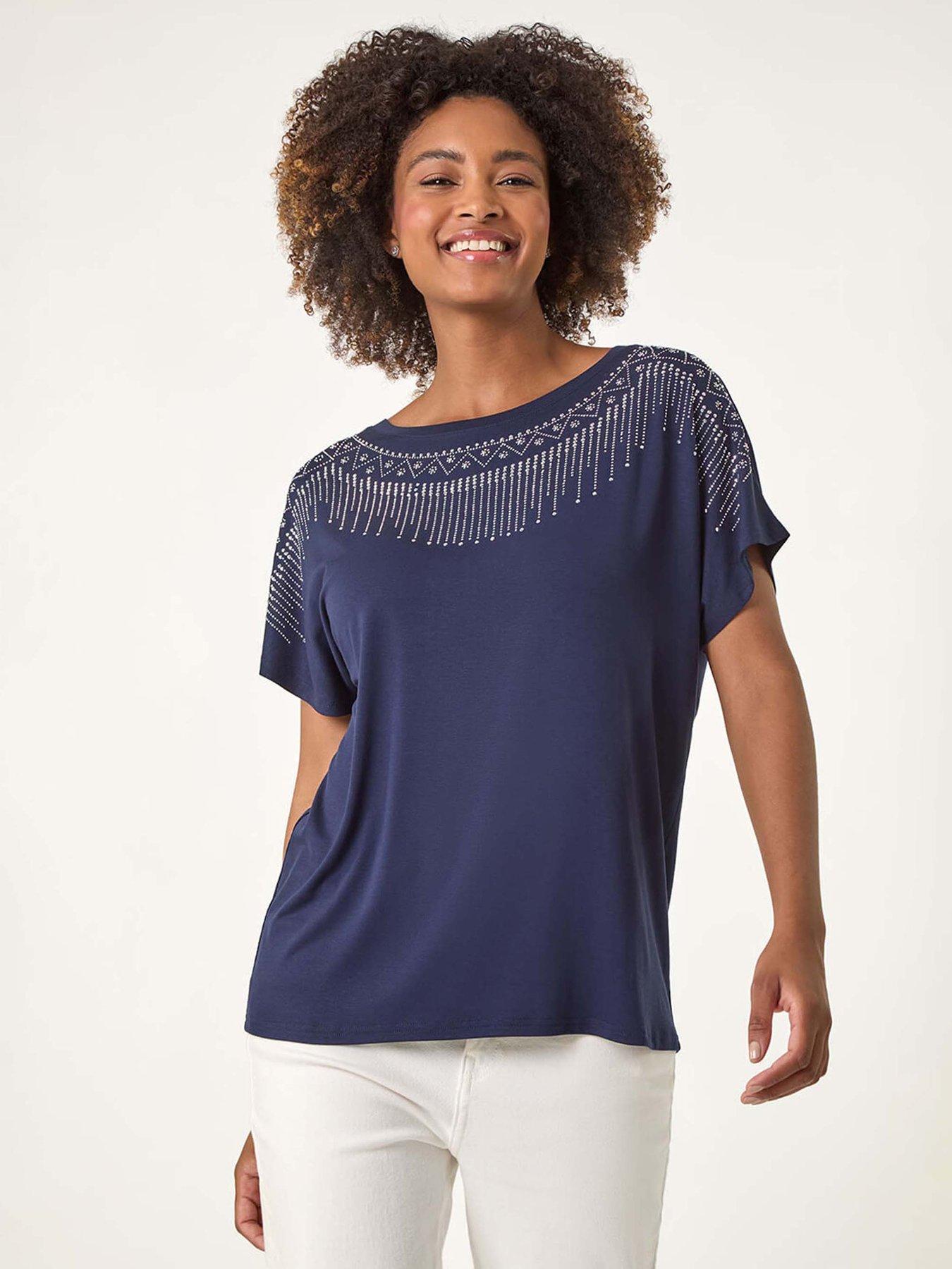 undefined Hotfix Embellished Stretch Top - Navy