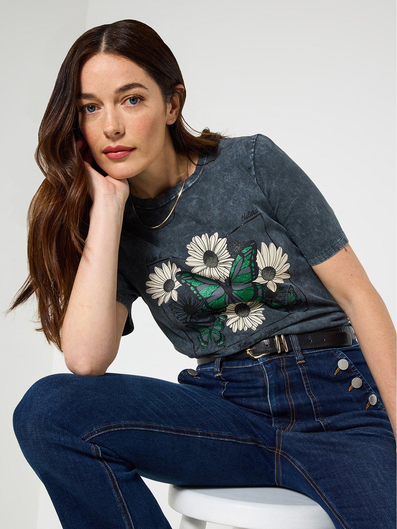 undefined Beautiful Butterfly Acid Wash T-shirt - Grey