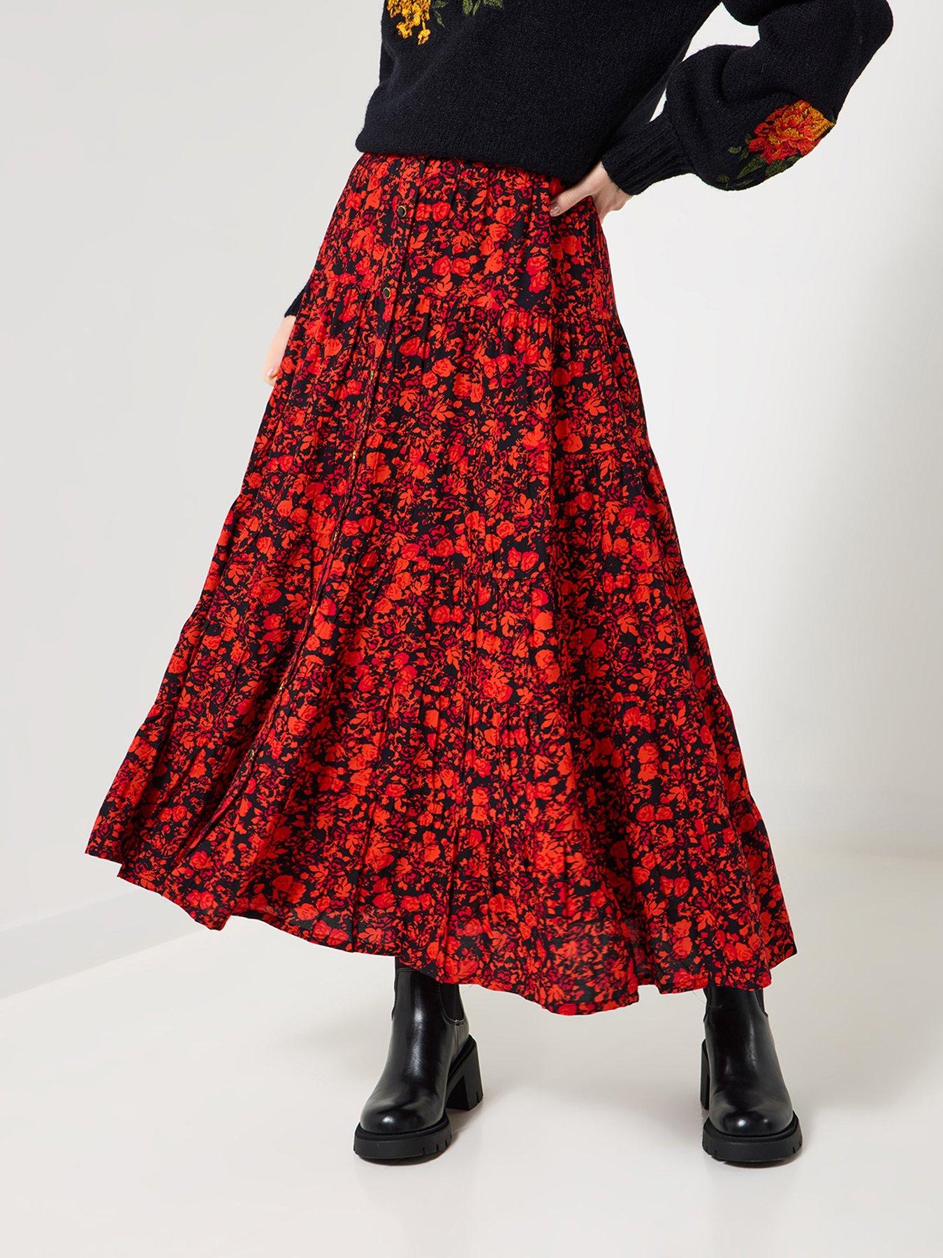 undefined Autumn Florals Tiered Maxi Skirt - Orange