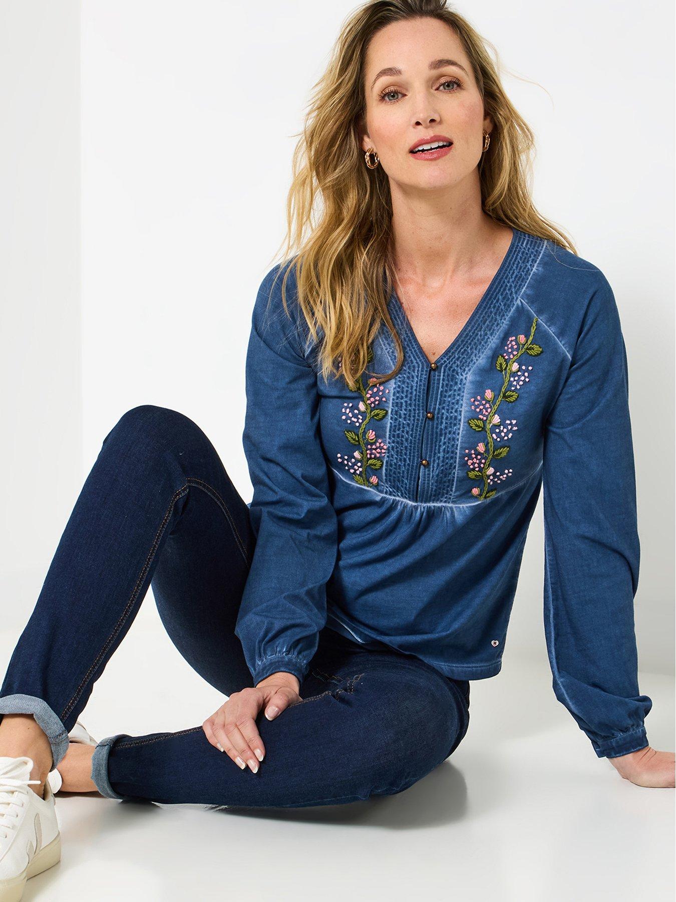 undefined Remarkable Embroidered V-neck Top - Blue