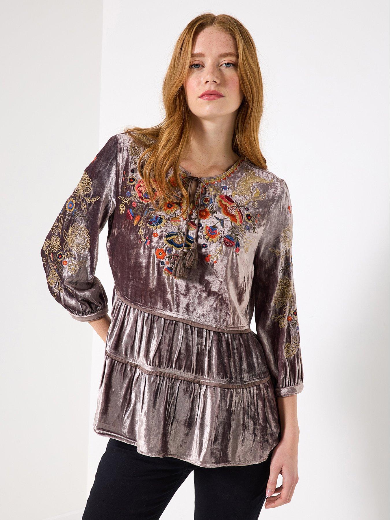Joe Browns Exquisite Velvet Embroidered Top - Grey