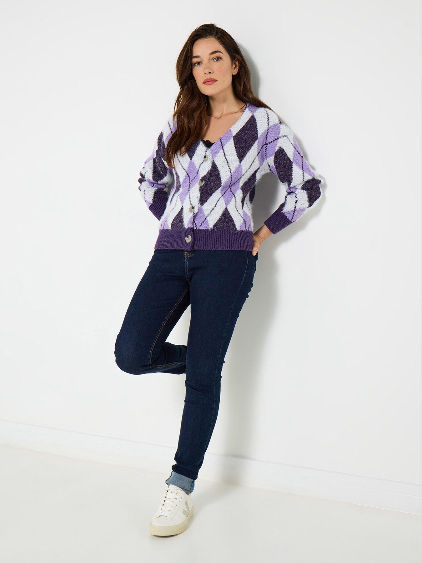 Joe Browns Amazing Argyle Fluffy Knit Cardigan - Purple