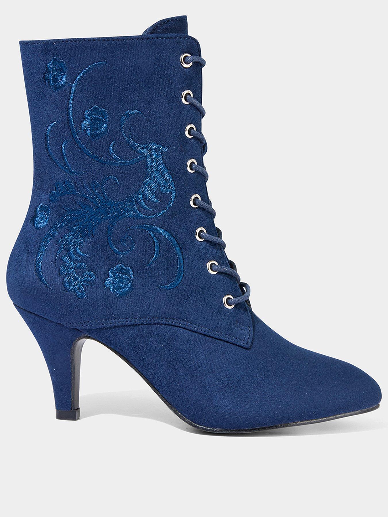 undefined Grace Embroidered Lace Up Ankle Boots - Navy