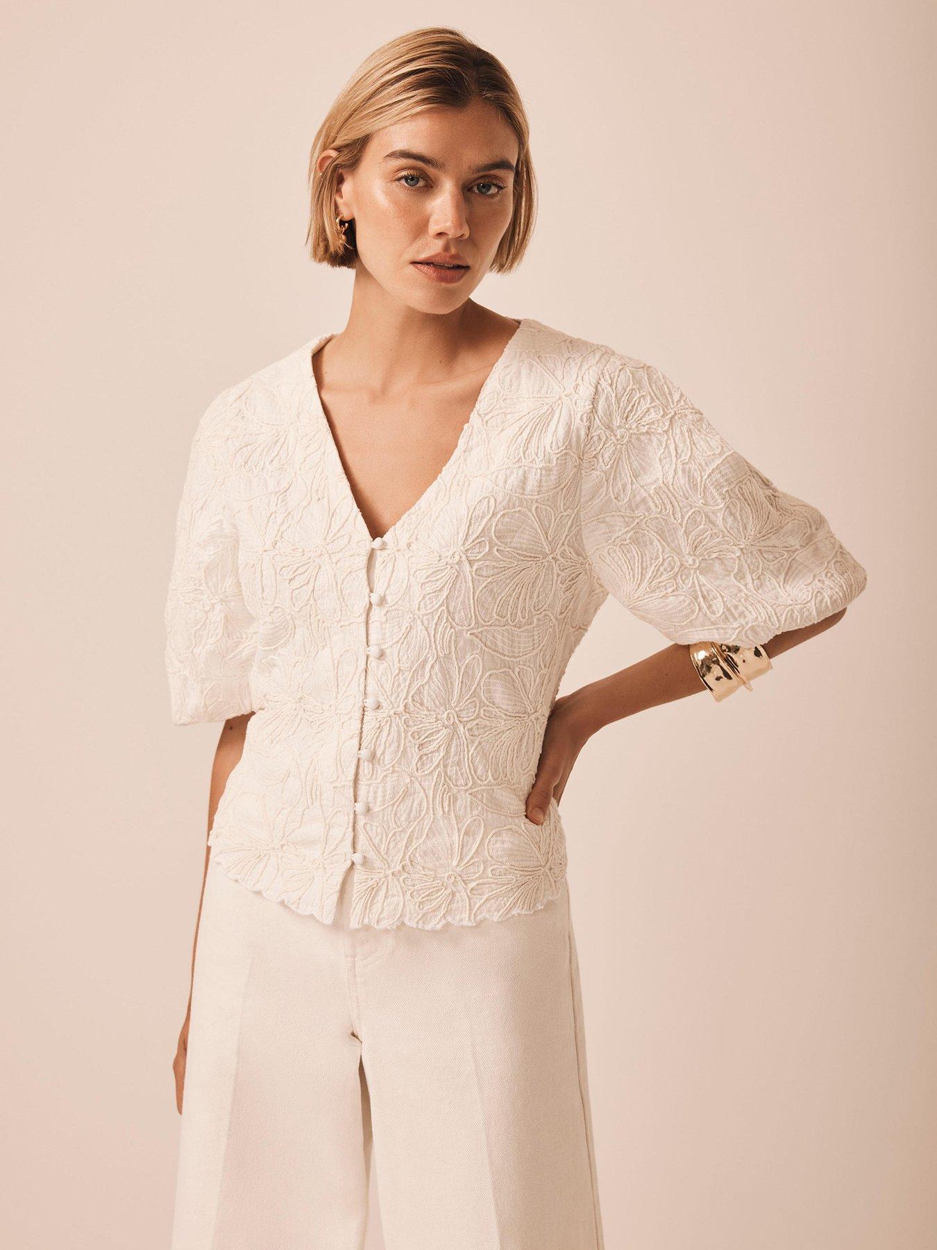 undefined Cream Embroidered Detail Top - White
