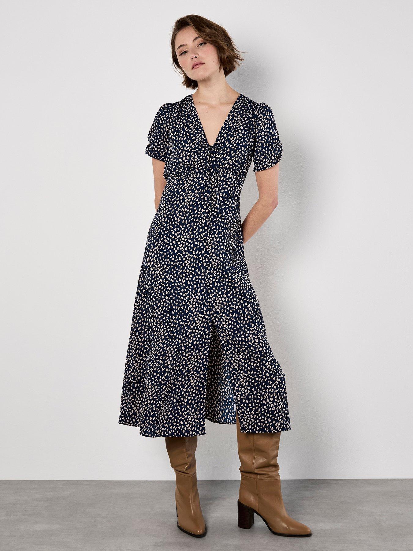 undefined Tie Front Animal Mono Print Dress - Navy