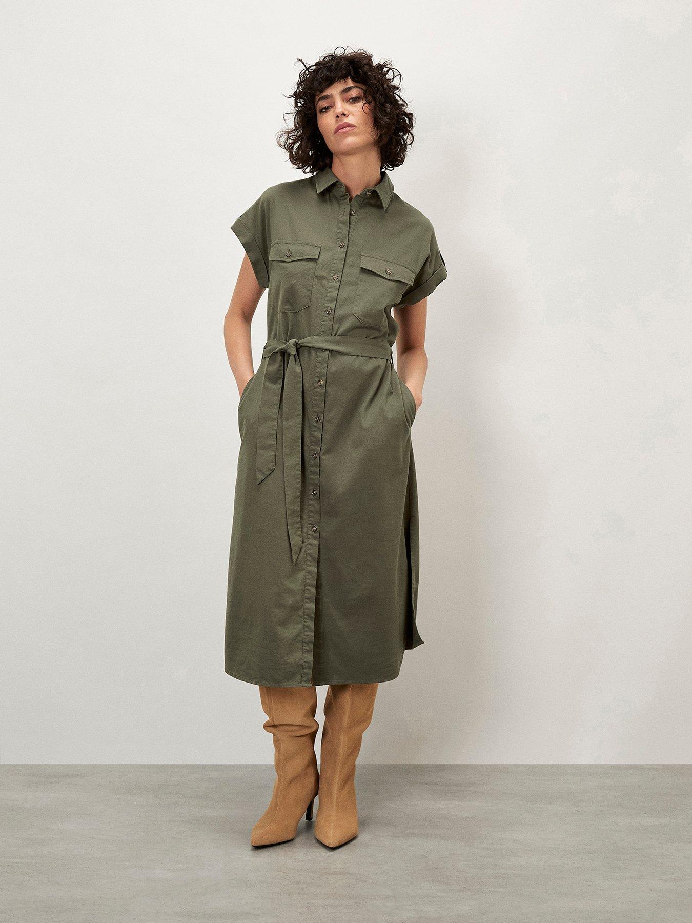 Apricot Midi Belted Dress - Khaki