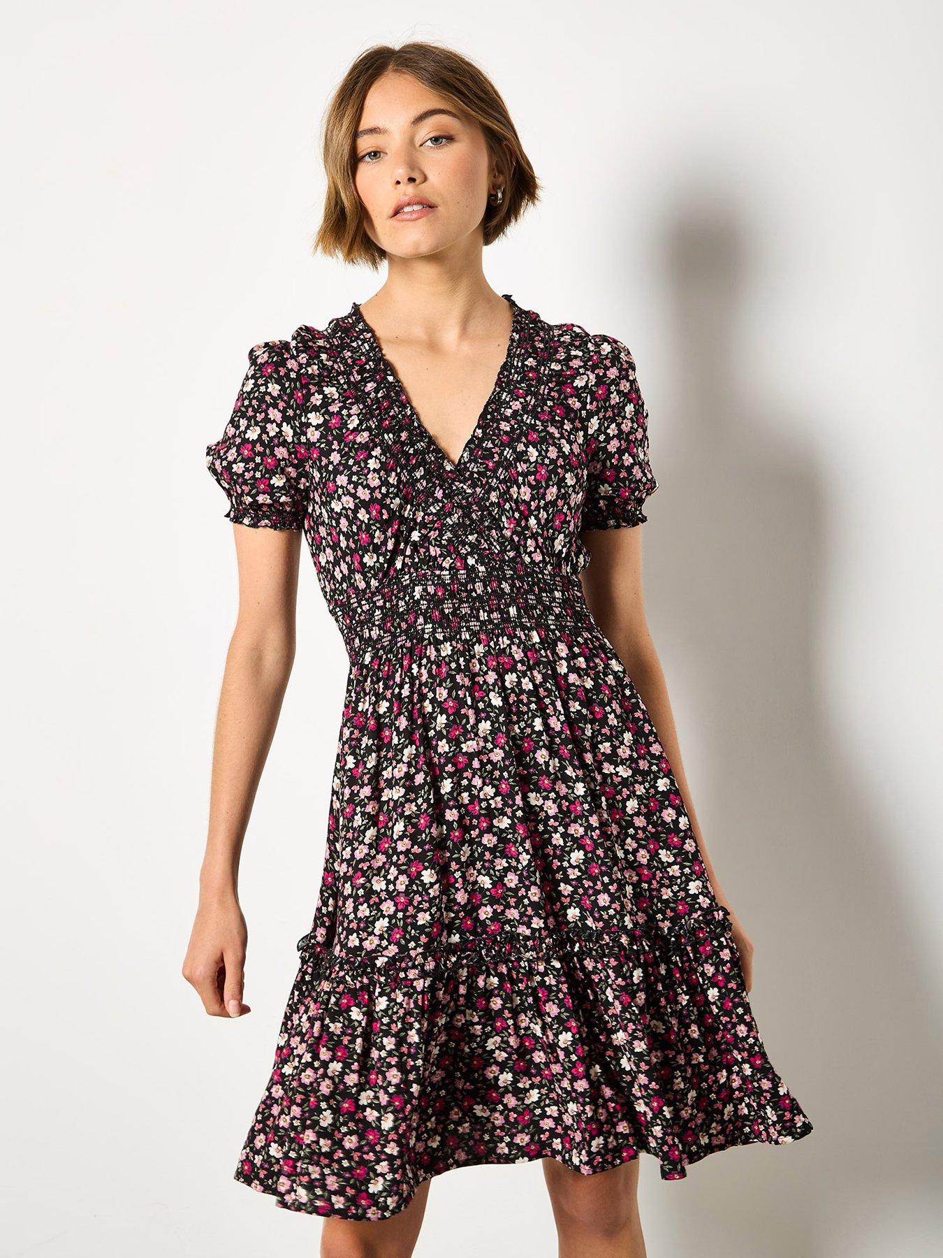 Apricot Floral Blooms Ditsy Smock Dress - Black