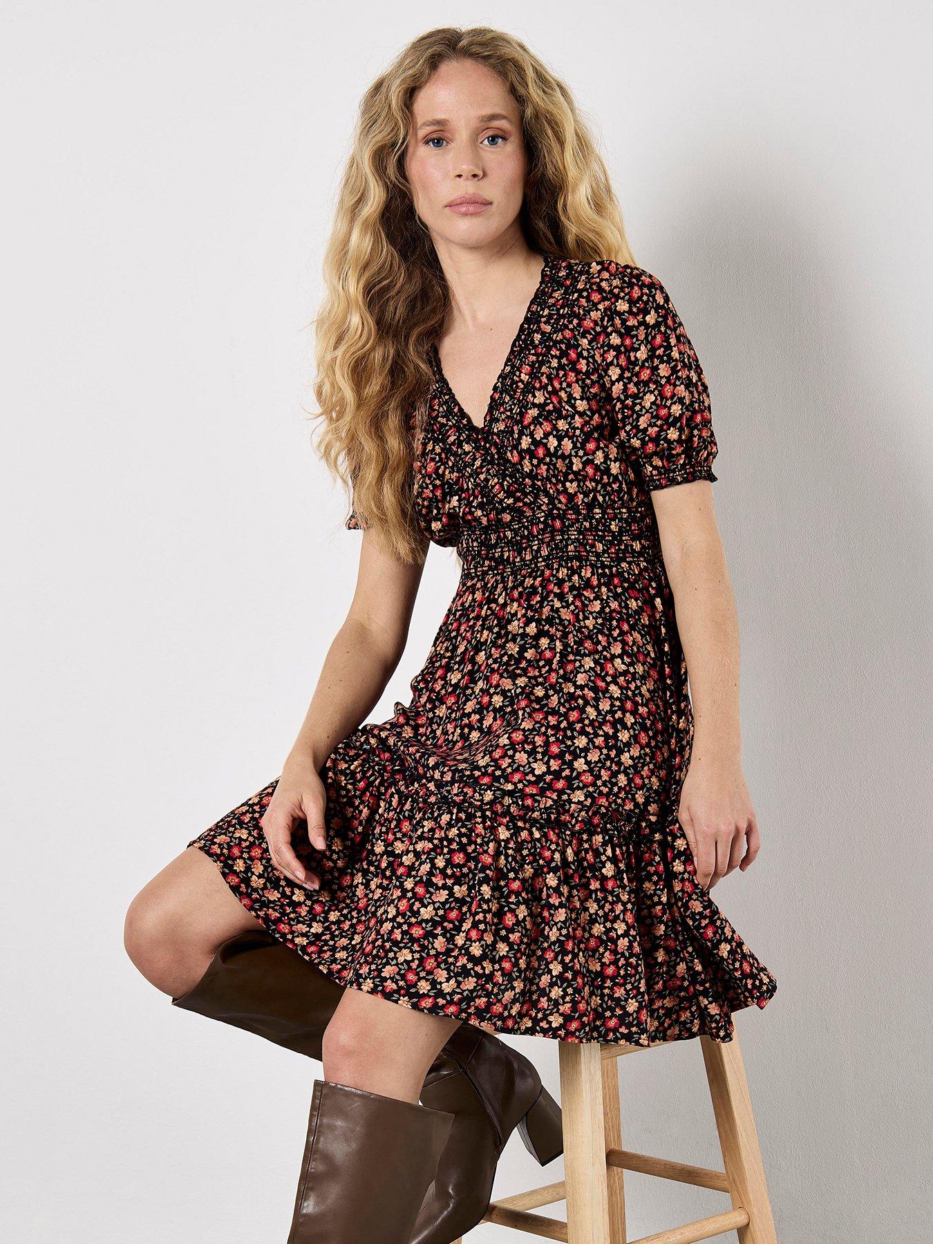 undefined Floral Blooms Ditsy Smock Dress - Orange