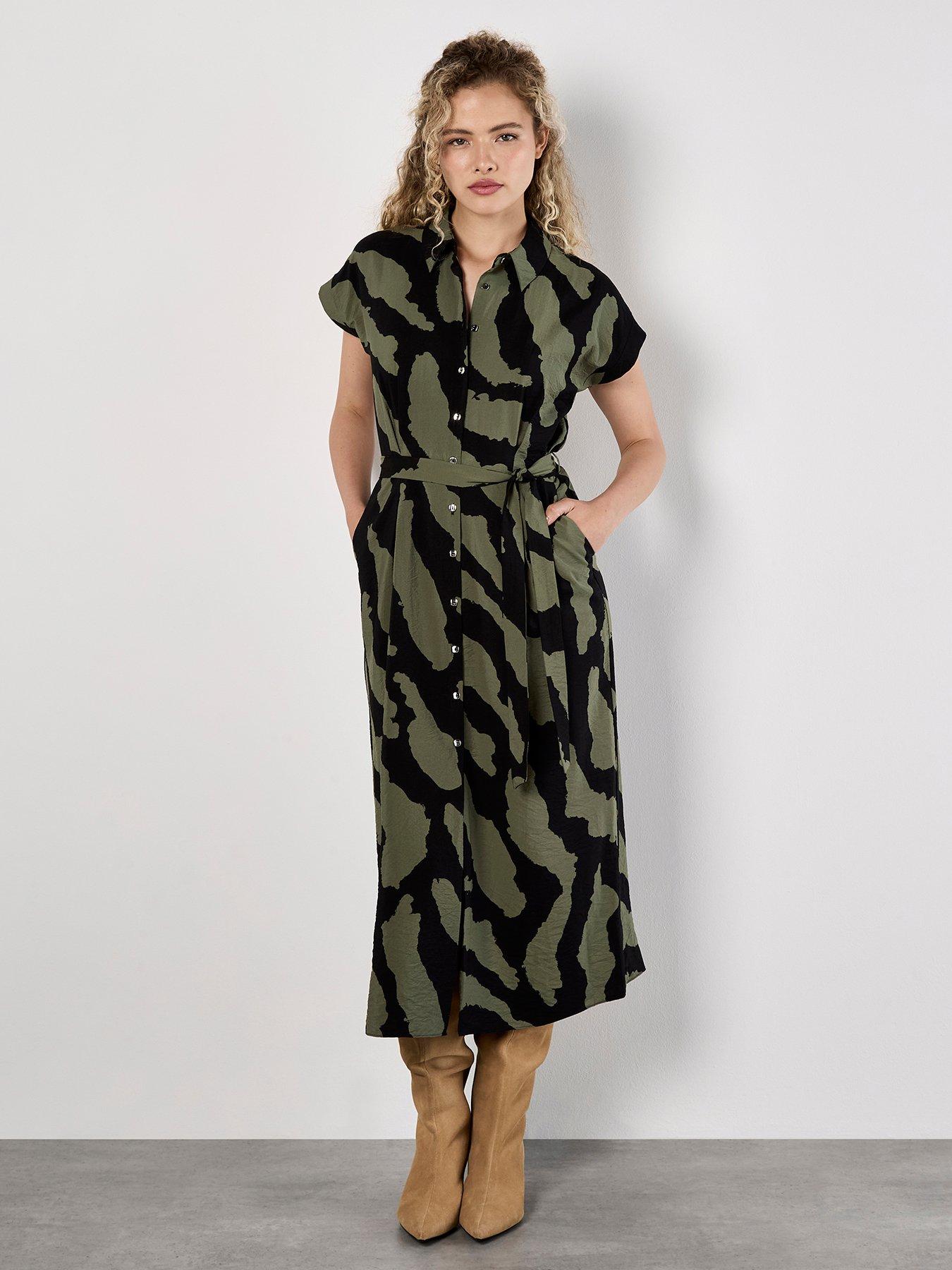 Image 1 of 4 of Apricot Painterly Zebra Print Shirt Dress - Khaki