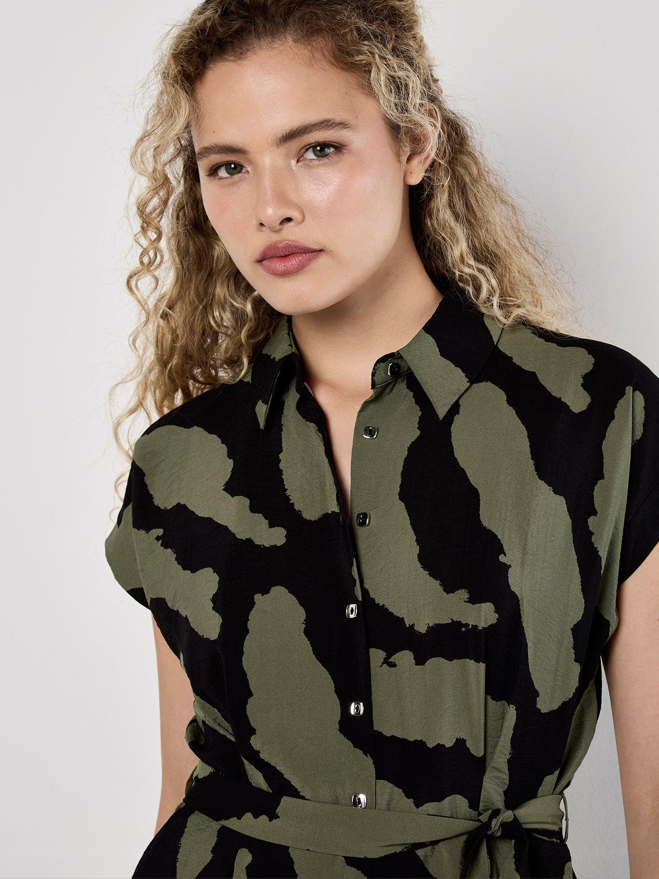 Image 4 of 4 of Apricot Painterly Zebra Print Shirt Dress - Khaki