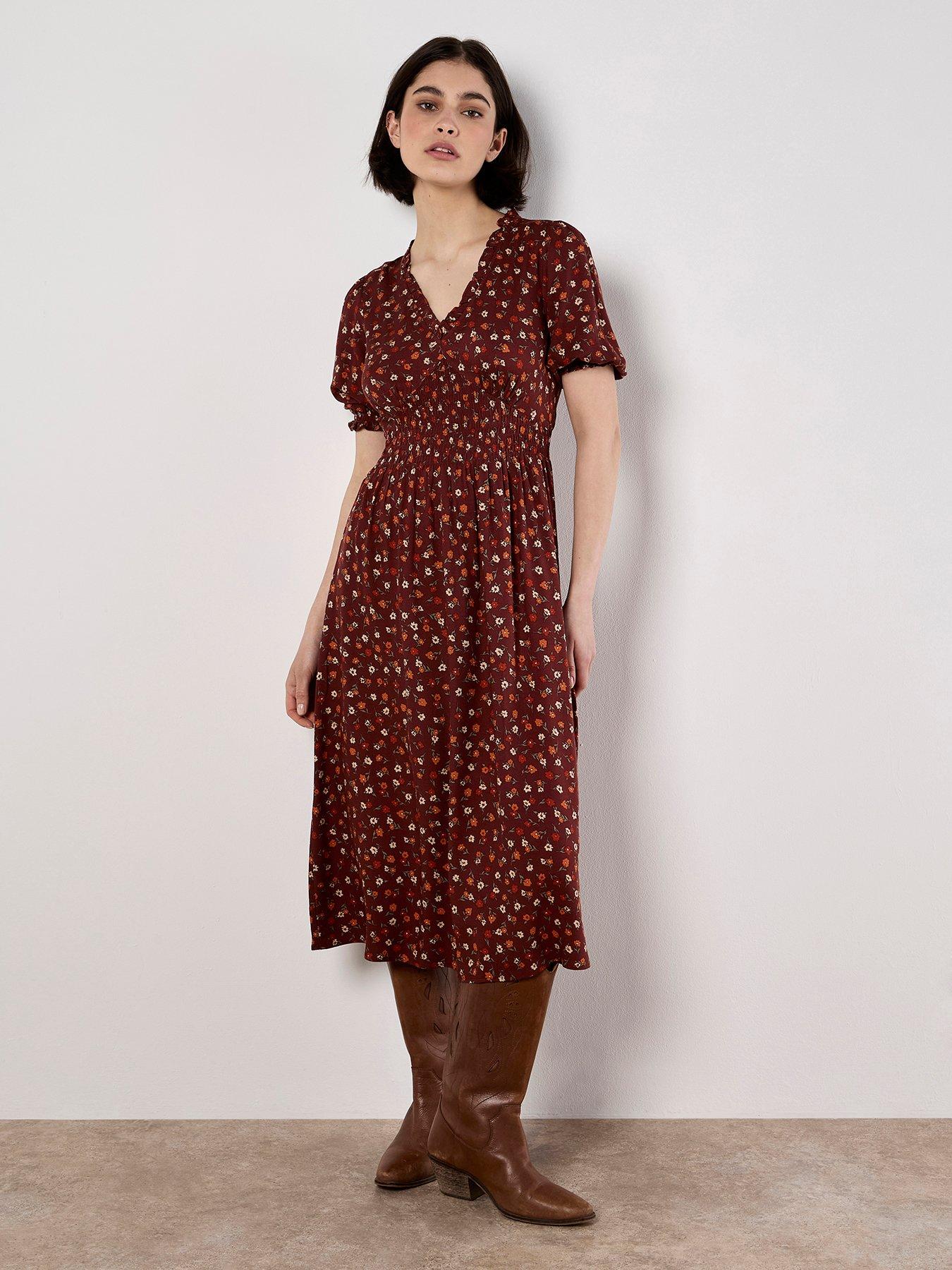 undefined Ditsy Smocked Waist Tea Dress - Red