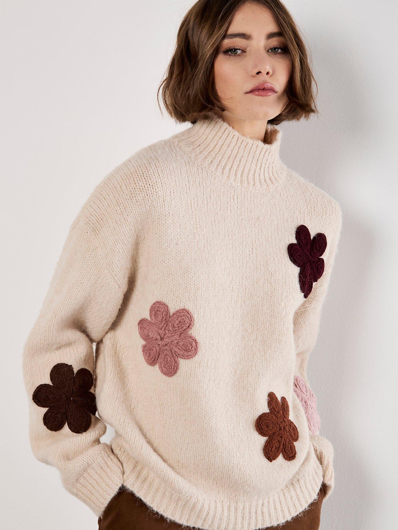 undefined Embroidered Flower Mock Neck Jumper - Cream