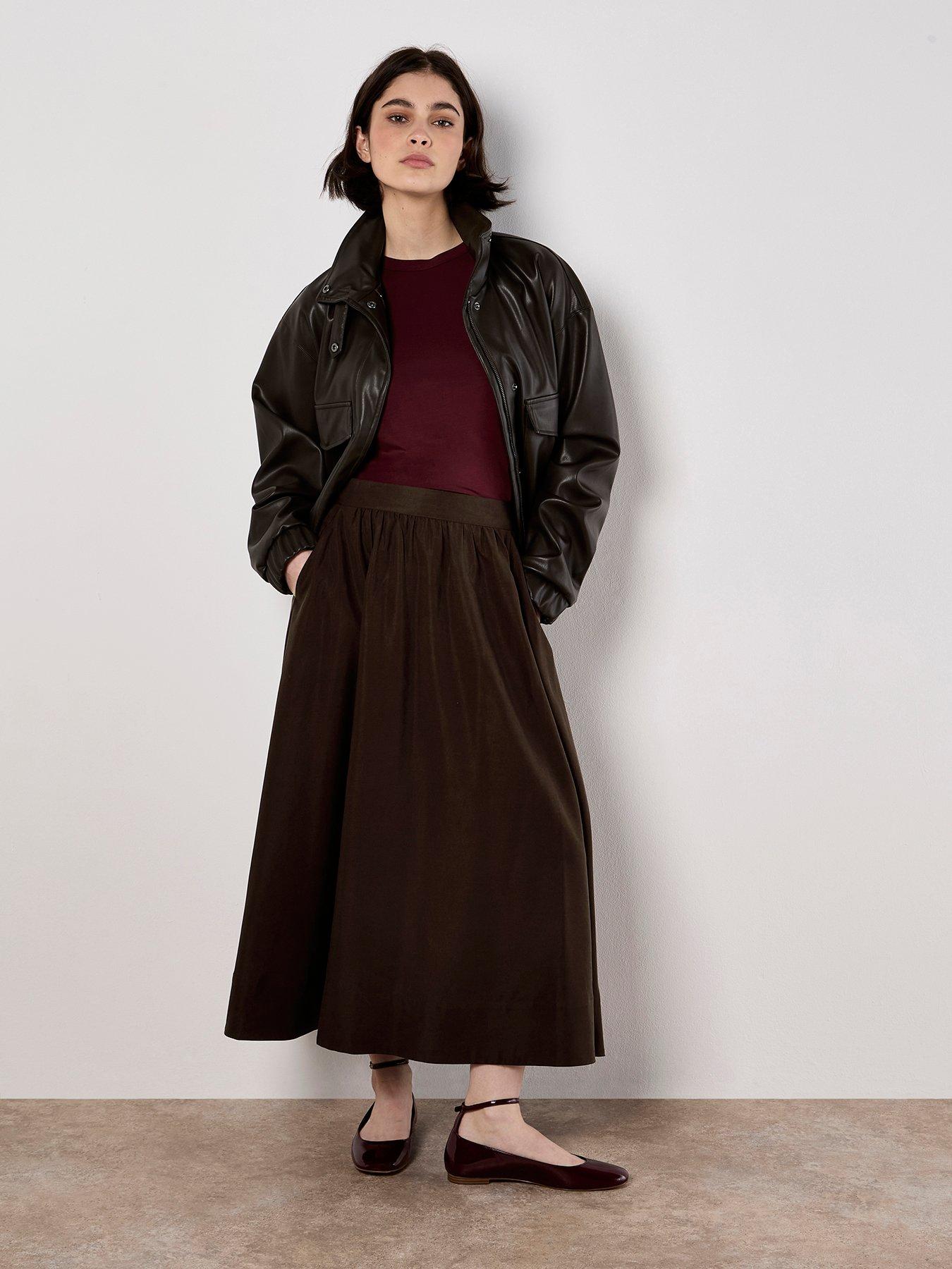 undefined Peach Slub A-Line Midaxi Skirt - Brown