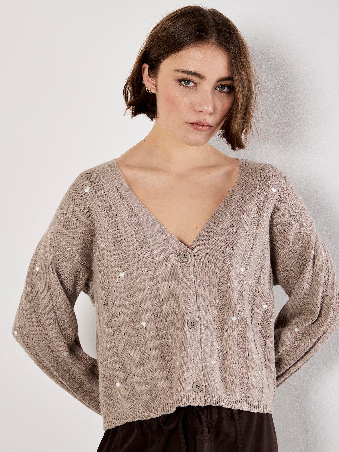 Apricot Embroider Heart Pointelle Cardi - Brown