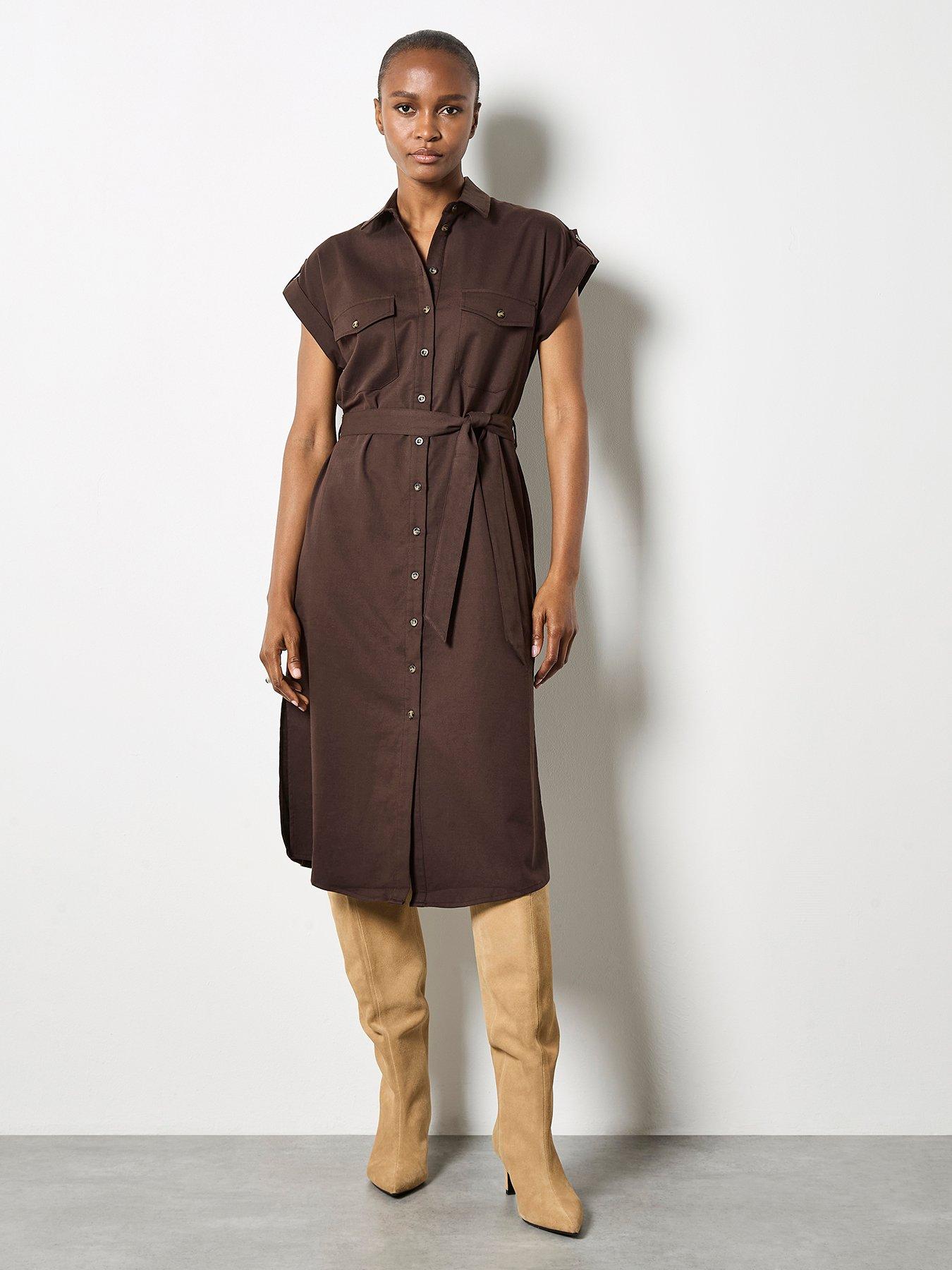 Apricot Midi Belted Dress - Brown