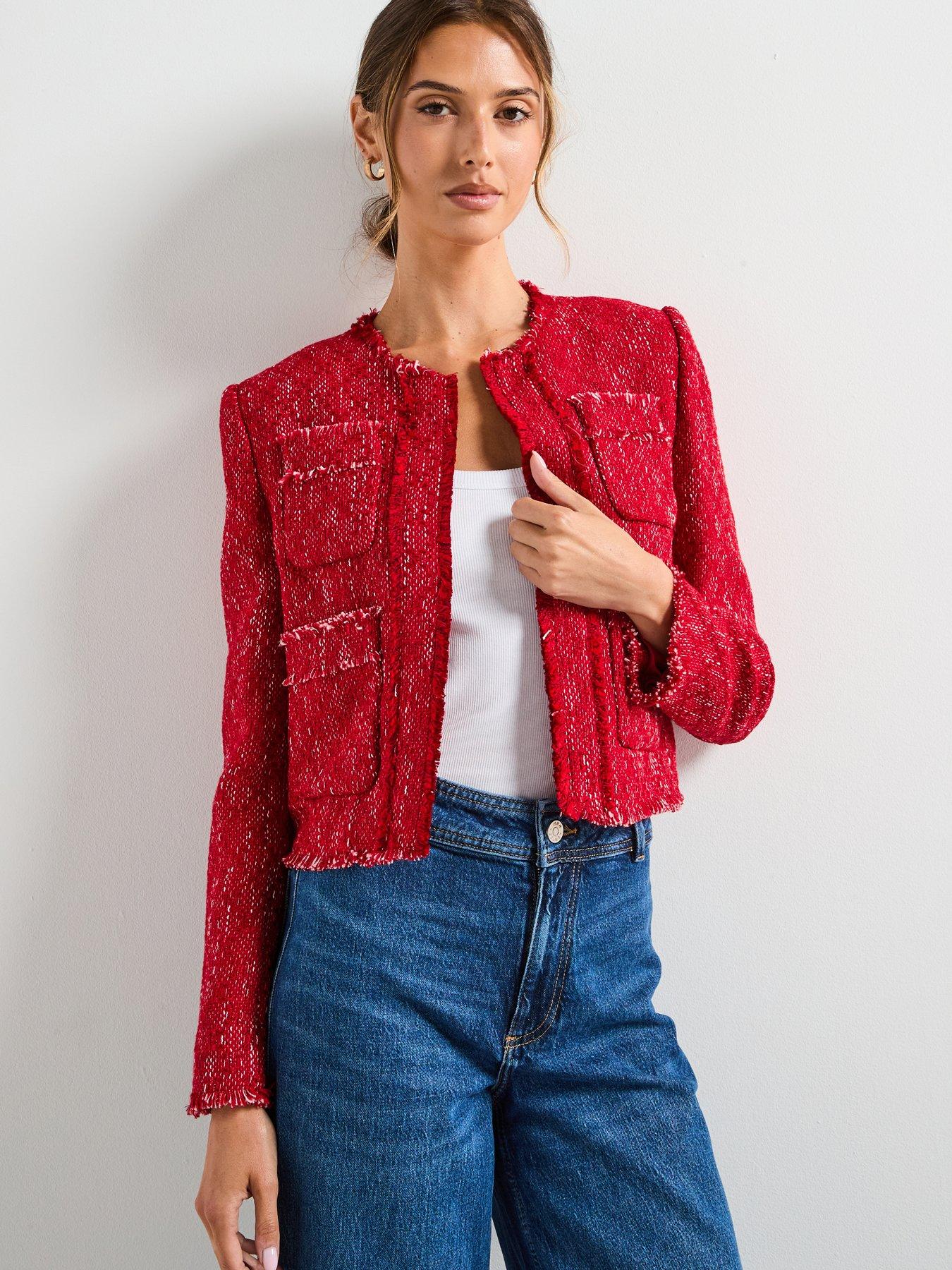 undefined Tweed Jacket With Frayed Ends - Red
