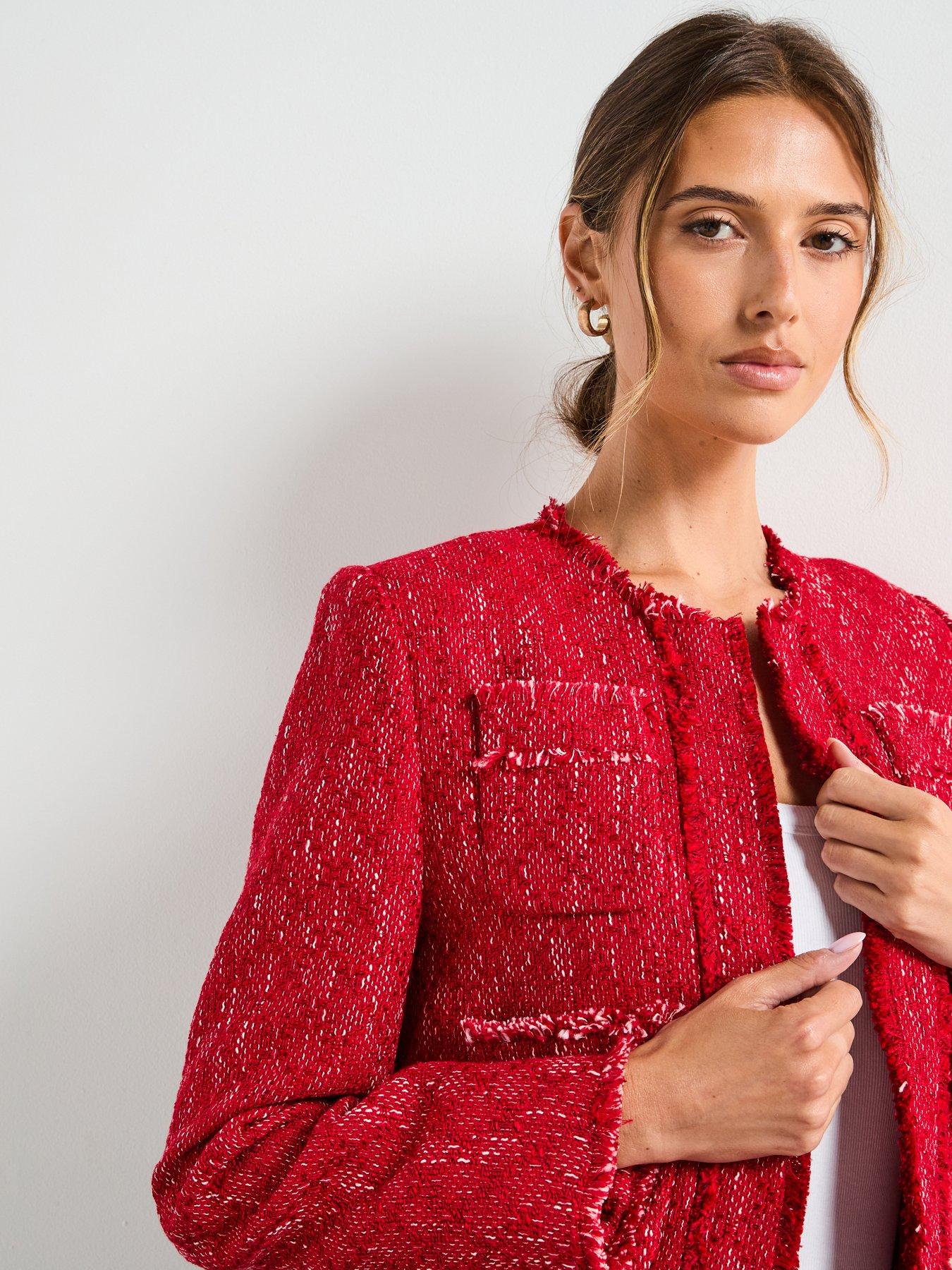 Image 5 of 6 of Mango Tweed Jacket With Frayed Ends - Red