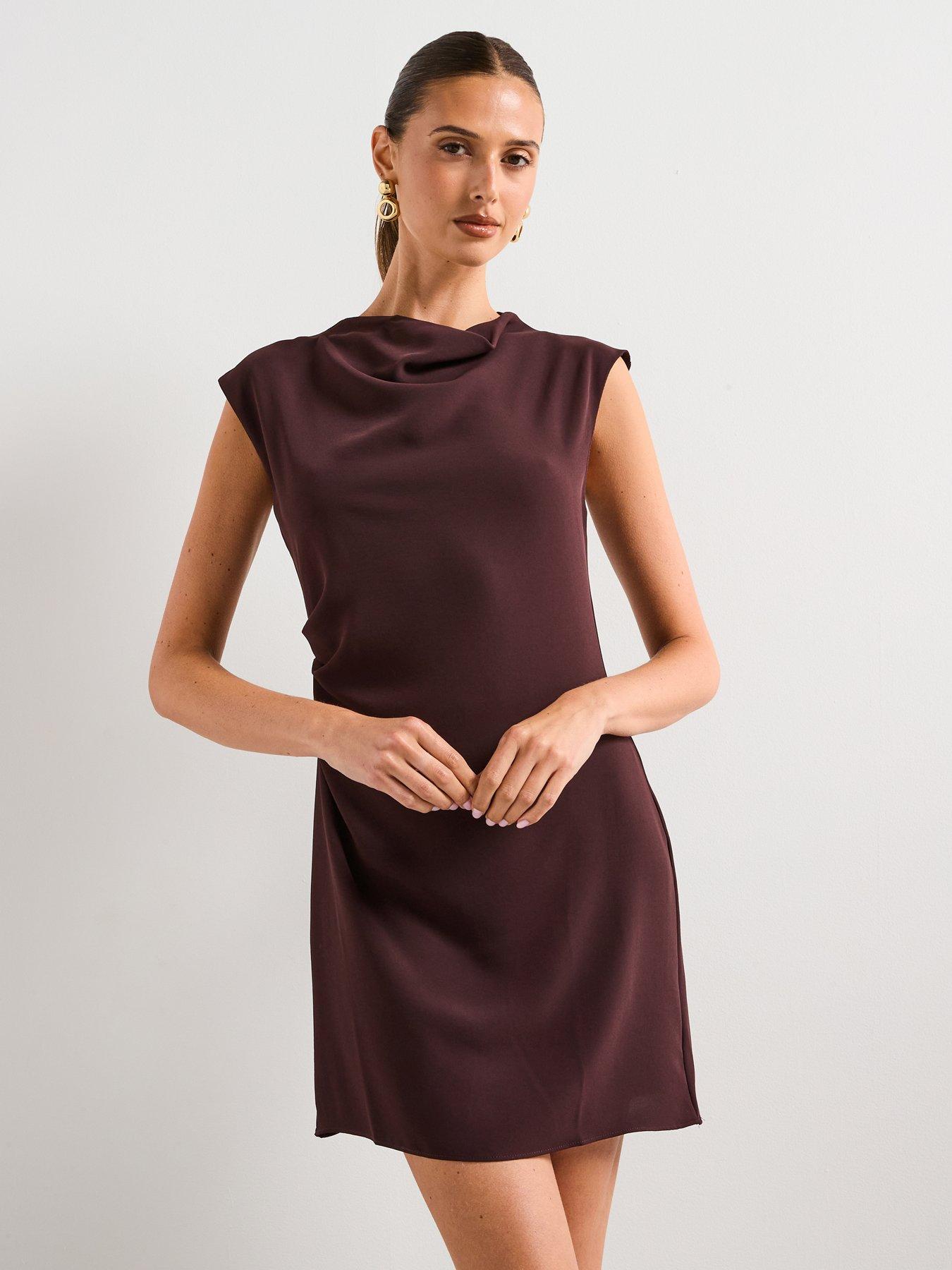 undefined Short Dress With Draped Collar - Brown