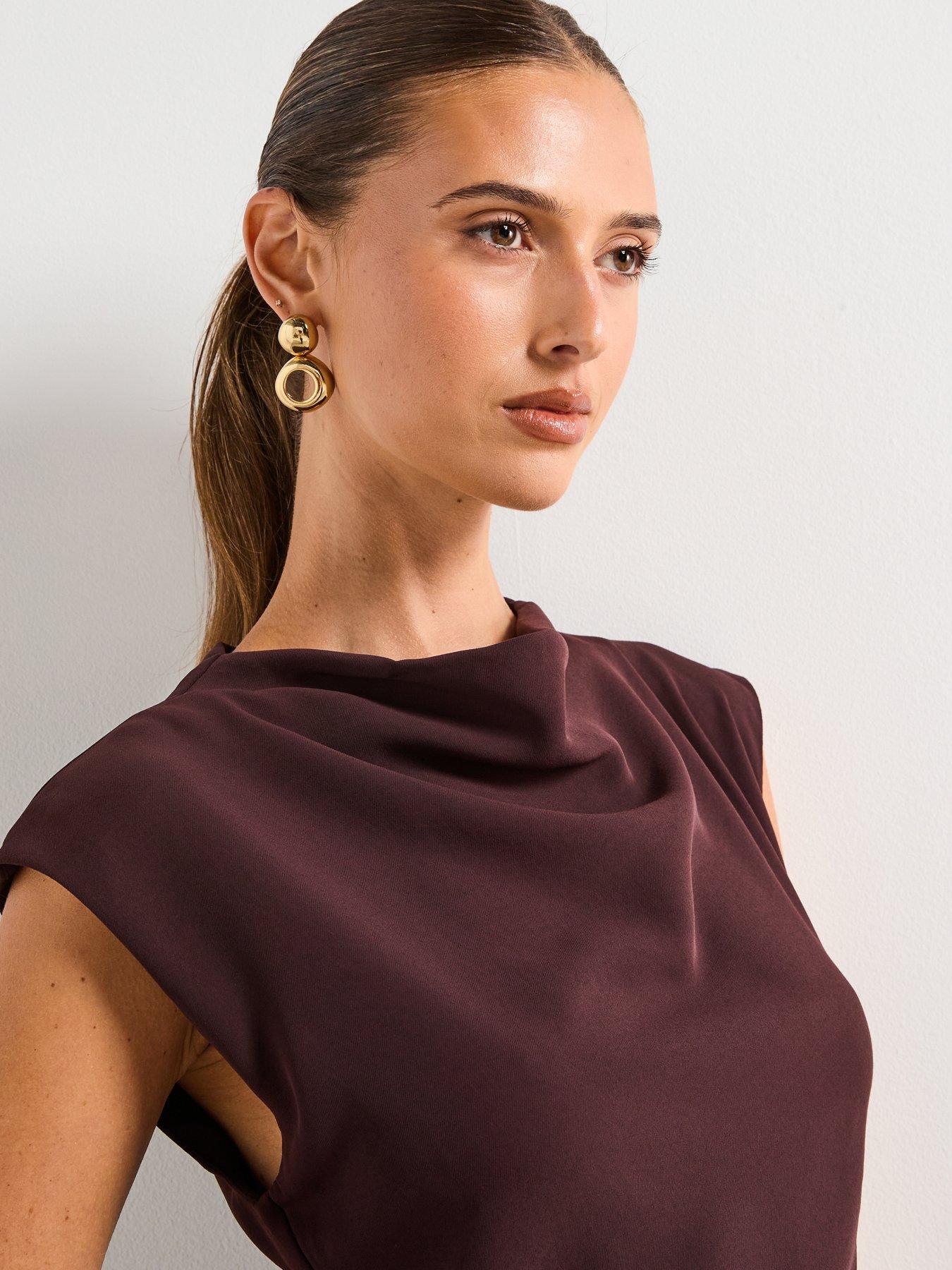 Image 4 of 5 of Mango Short Dress With Draped Collar - Brown