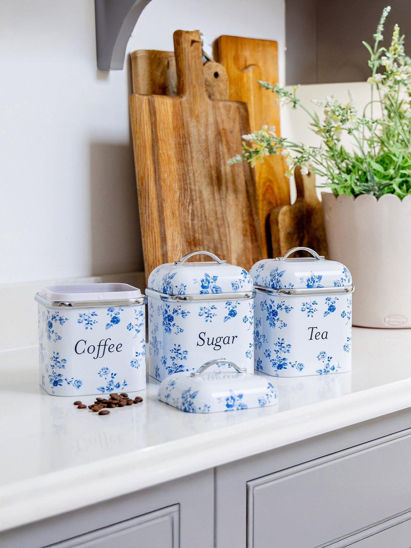 Bread Bin Blue And White Tea Coffee Sugar Canisters Delonghi Tea