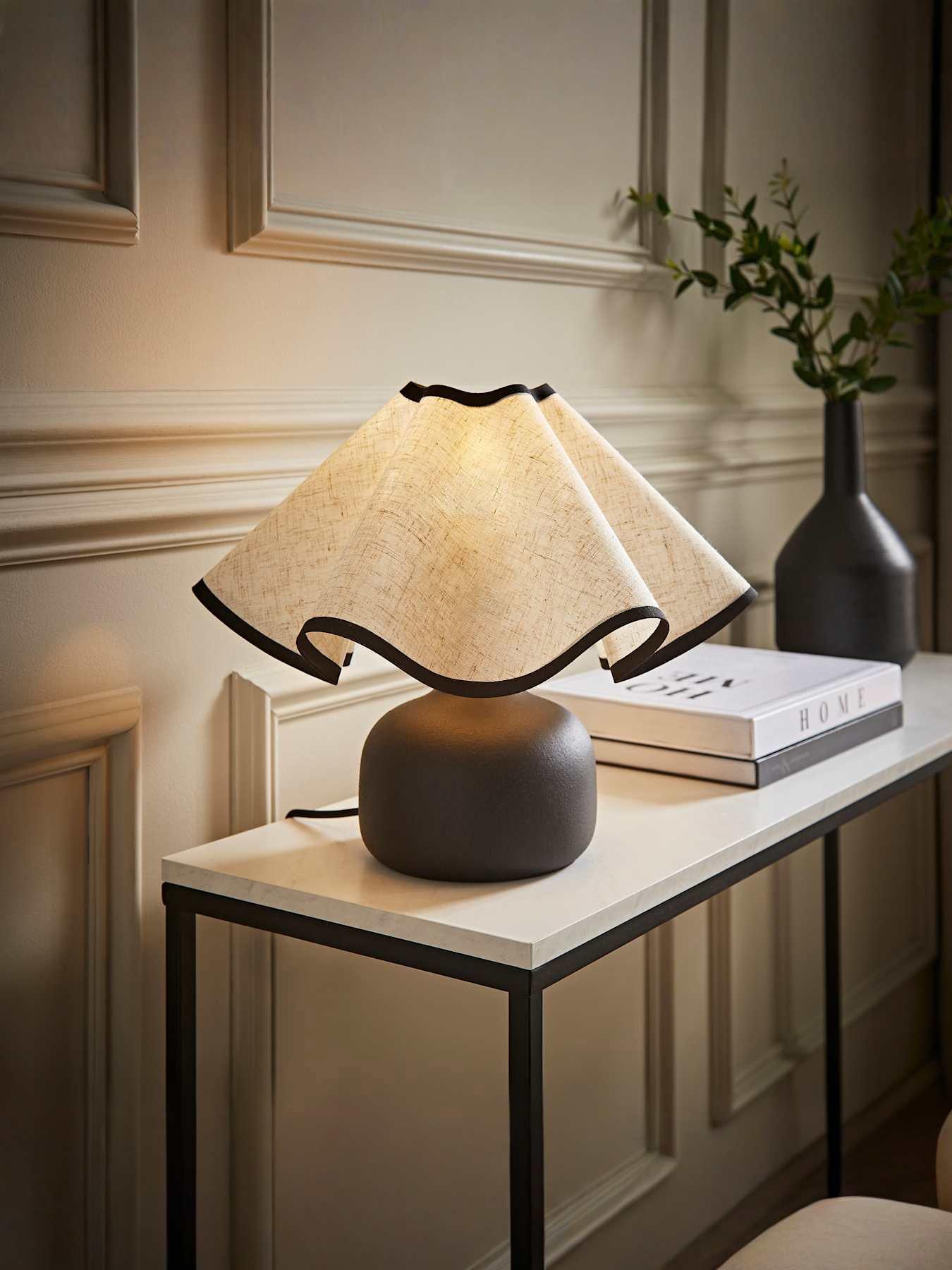 undefined Emilia Black Ceramic Table Lamp With Linen Wave Shade