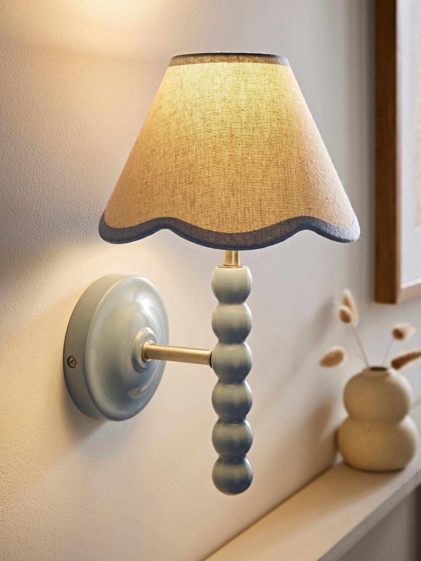 Image 1 of 6 of ValueLights Bobbins Powder Blue Bobble Wall Light And Linen Blue Trim Lamp Shade
