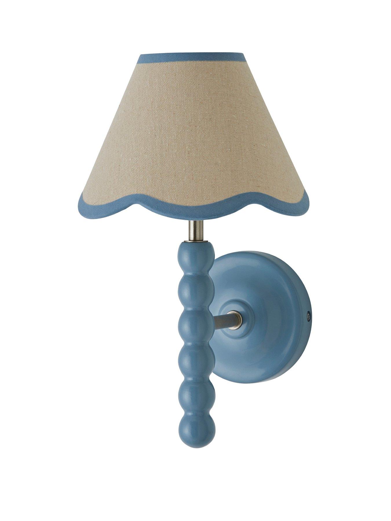 Image 2 of 6 of ValueLights Bobbins Powder Blue Bobble Wall Light And Linen Blue Trim Lamp Shade