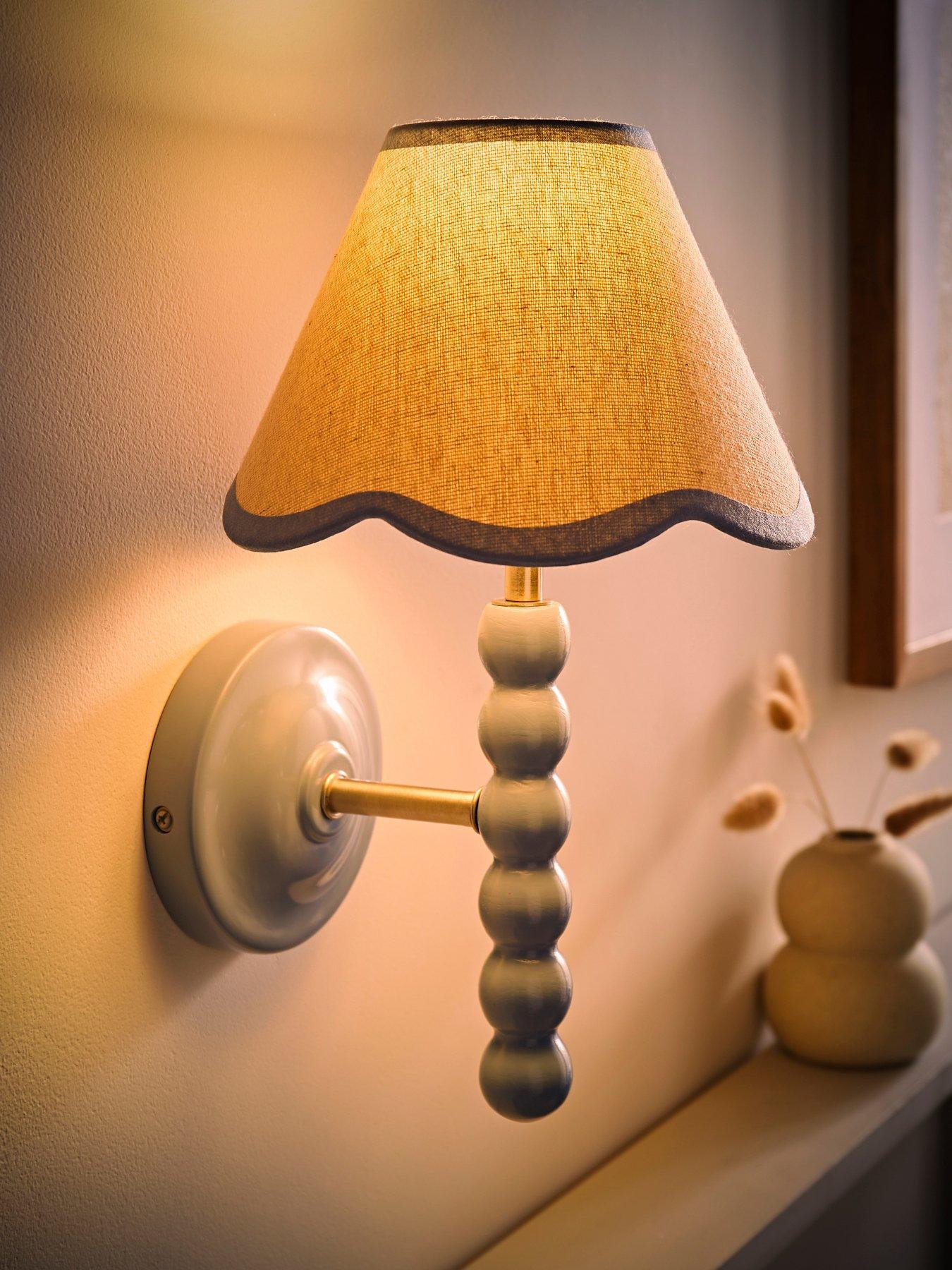 Image 3 of 6 of ValueLights Bobbins Powder Blue Bobble Wall Light And Linen Blue Trim Lamp Shade