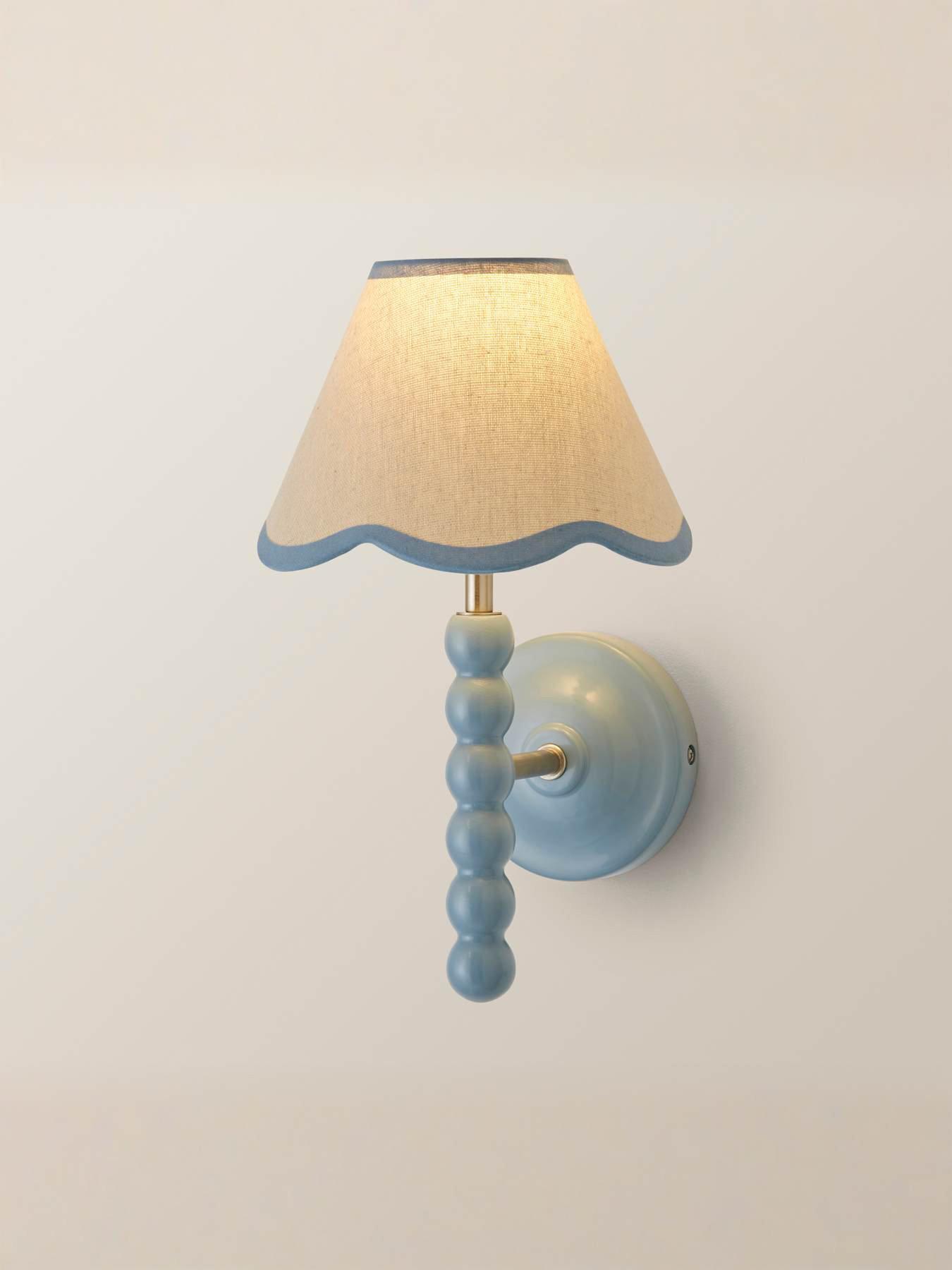 Image 4 of 6 of ValueLights Bobbins Powder Blue Bobble Wall Light And Linen Blue Trim Lamp Shade