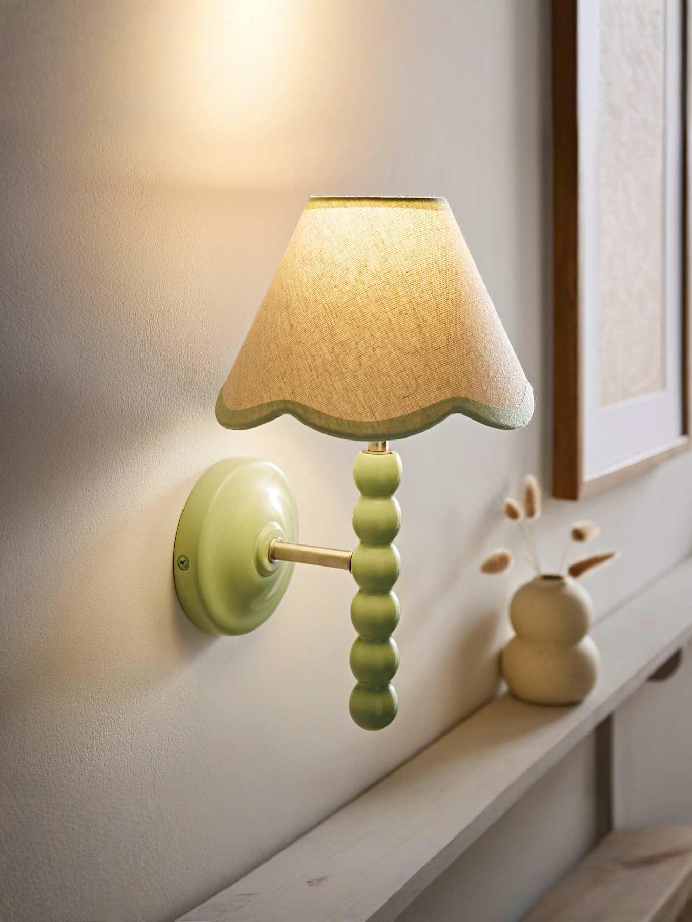 undefined Bobbins Sage Green Bobble Wall Light And Linen Green Trim Lamp Shade