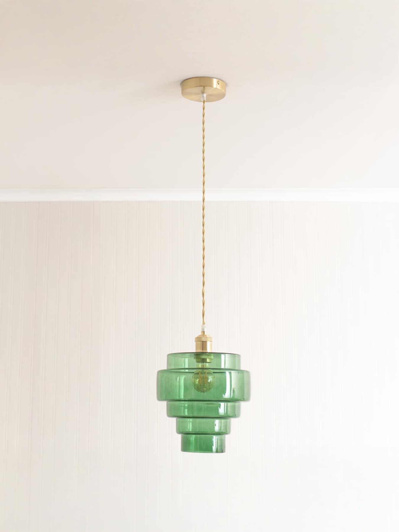 ValueLights Lane Green Glass 5 Tier Layer Shade Brushed Gold Single Ceiling Pendant Light