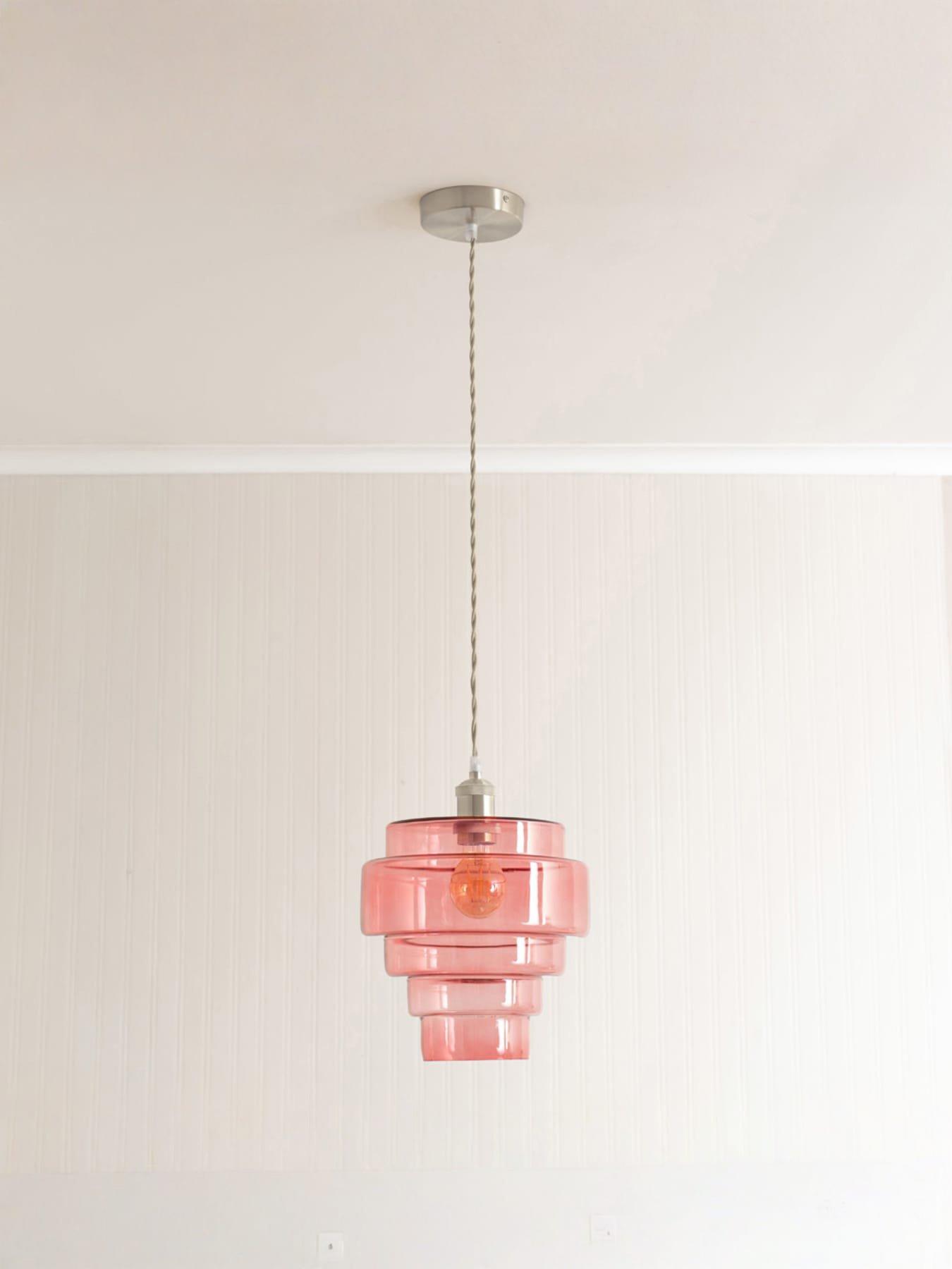 ValueLights Lane Pink Glass 5 Tier Layer Shade Brushed Chrome Single Ceiling Pendant Light