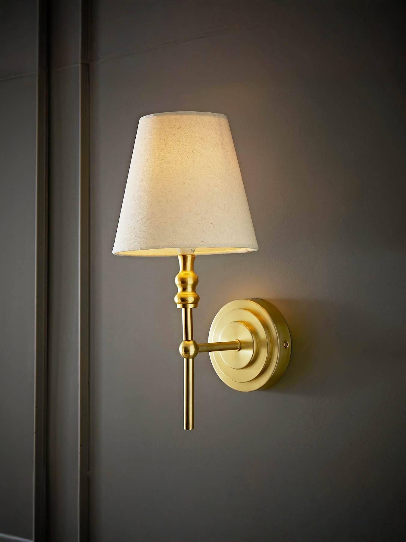 ValueLights Maggie Brushed Gold Wall Lamp With Linen Tapered Lamp Shade