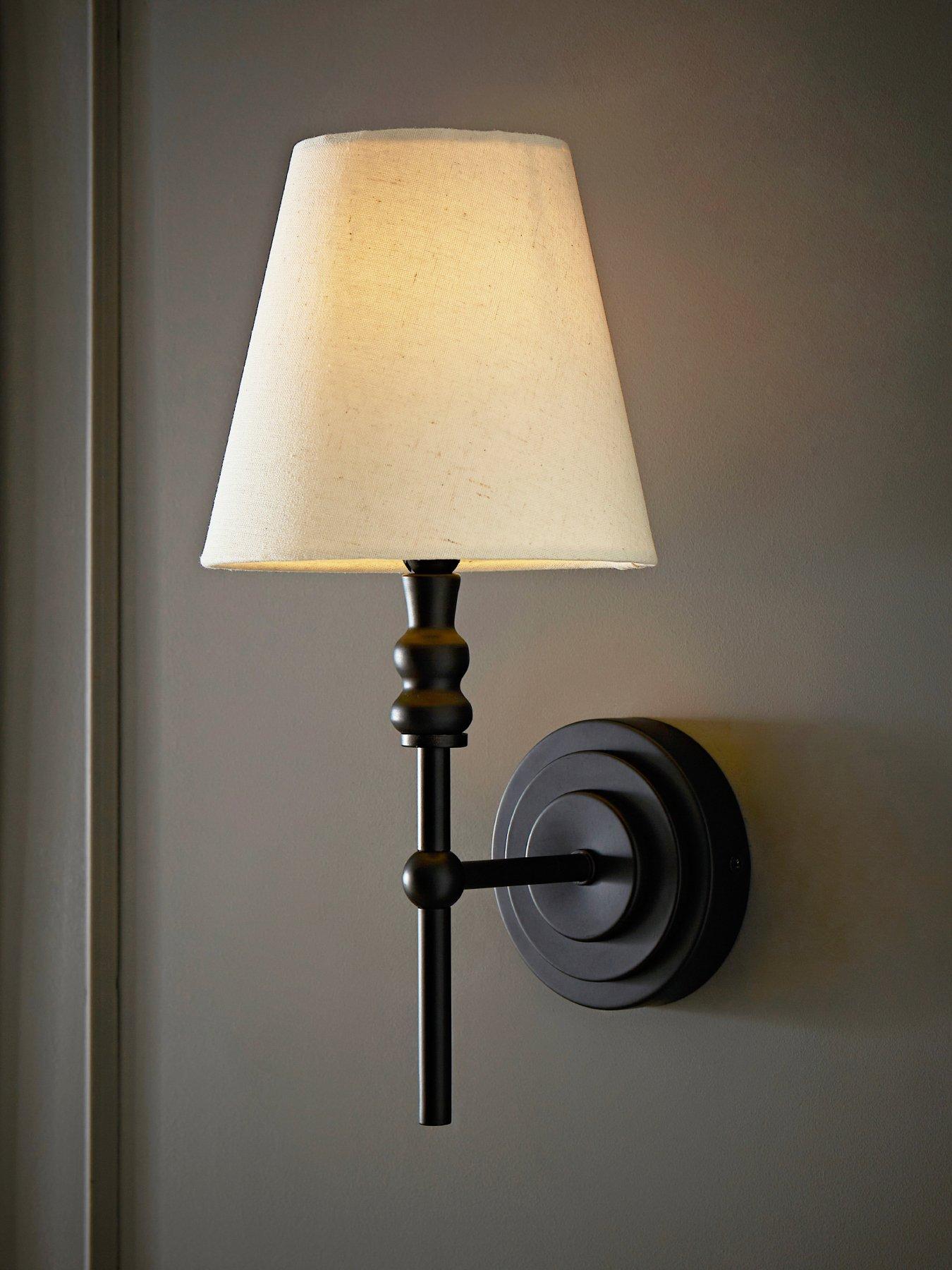 undefined Maggie Matte Black Wall Lamp With Linen Tapered Lamp Shade