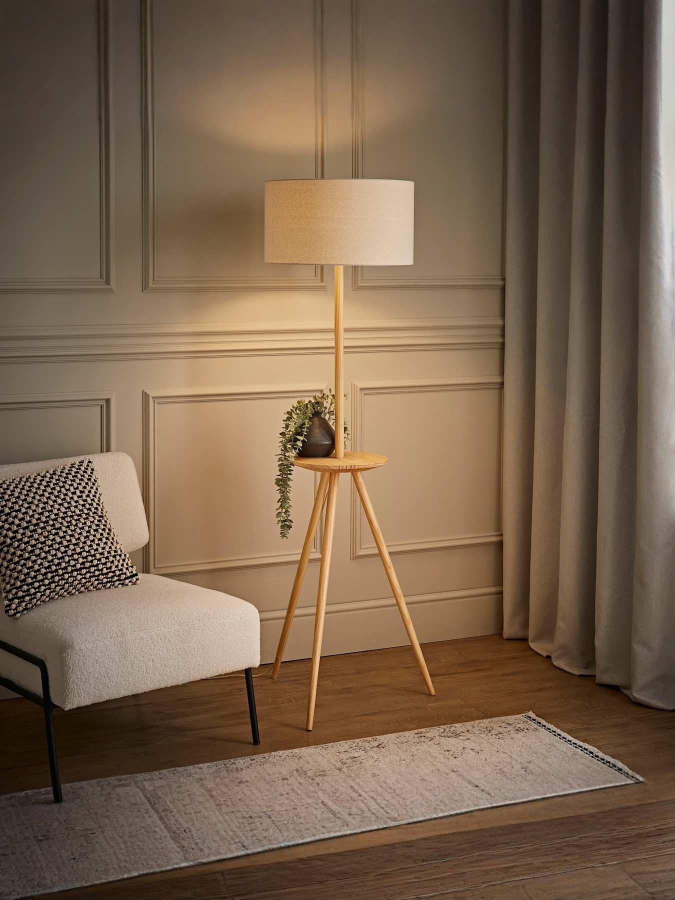 ValueLights Desmond Side Table Tripod Floor Lamp With Natural Linen Lamp Shade