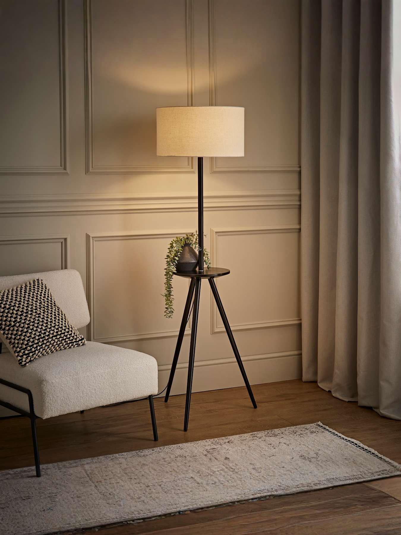 ValueLights Desmond Side Table Tripod Black Floor Lamp With Natural Linen Lamp Shade