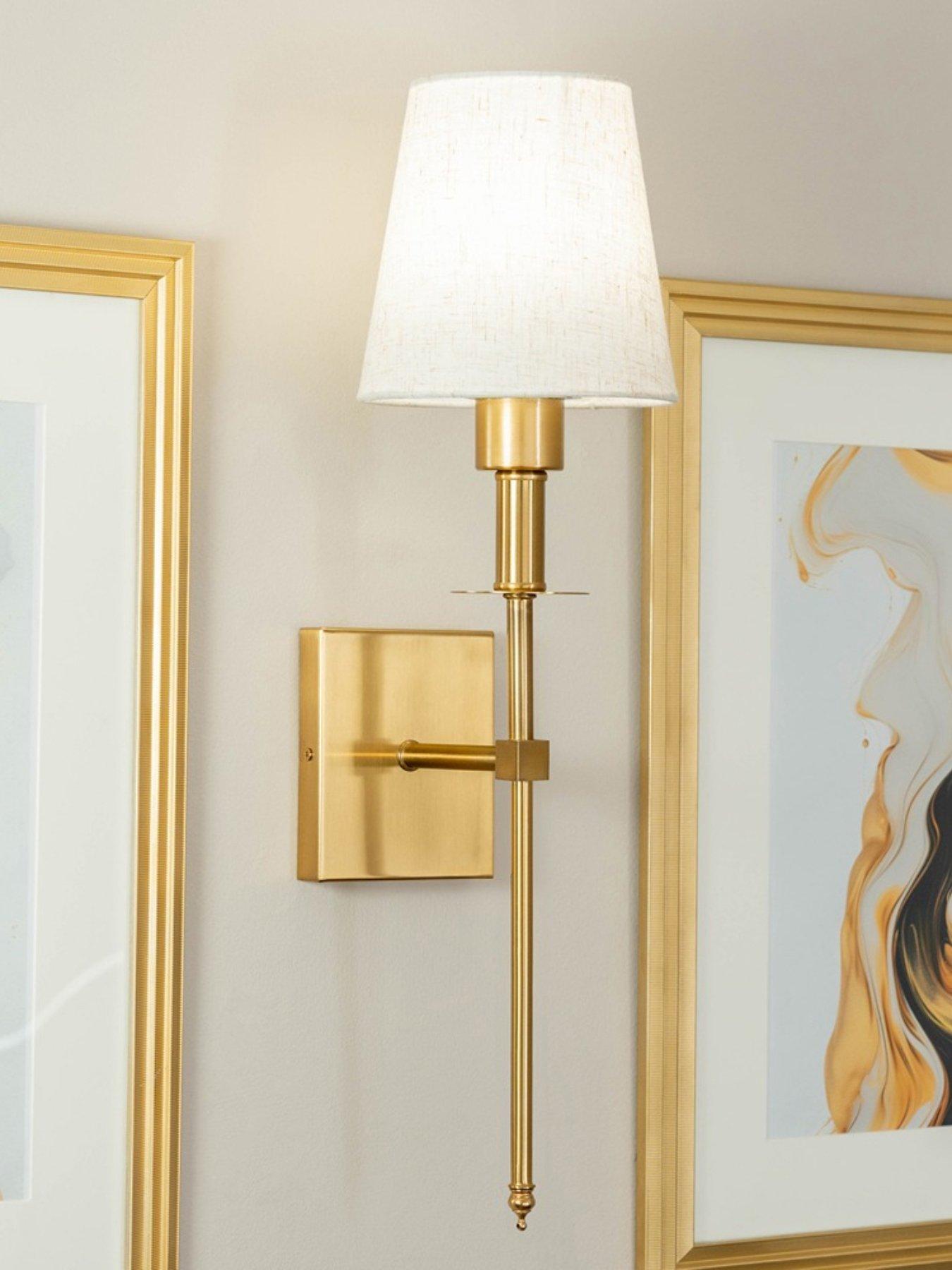 Image 1 of 5 of ValueLights Pair Of Kincaid Antique Brass Rechargeable Easy Fit Wall Light With Shade