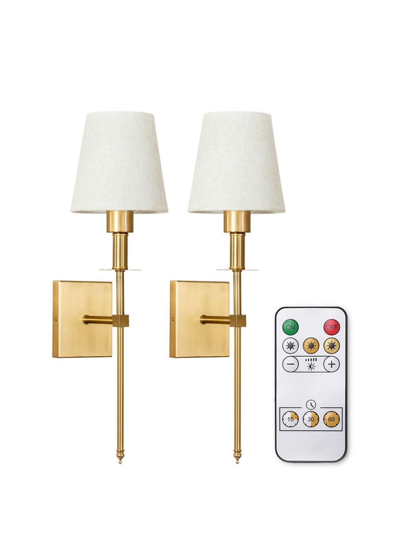 Image 2 of 5 of ValueLights Pair Of Kincaid Antique Brass Rechargeable Easy Fit Wall Light With Shade