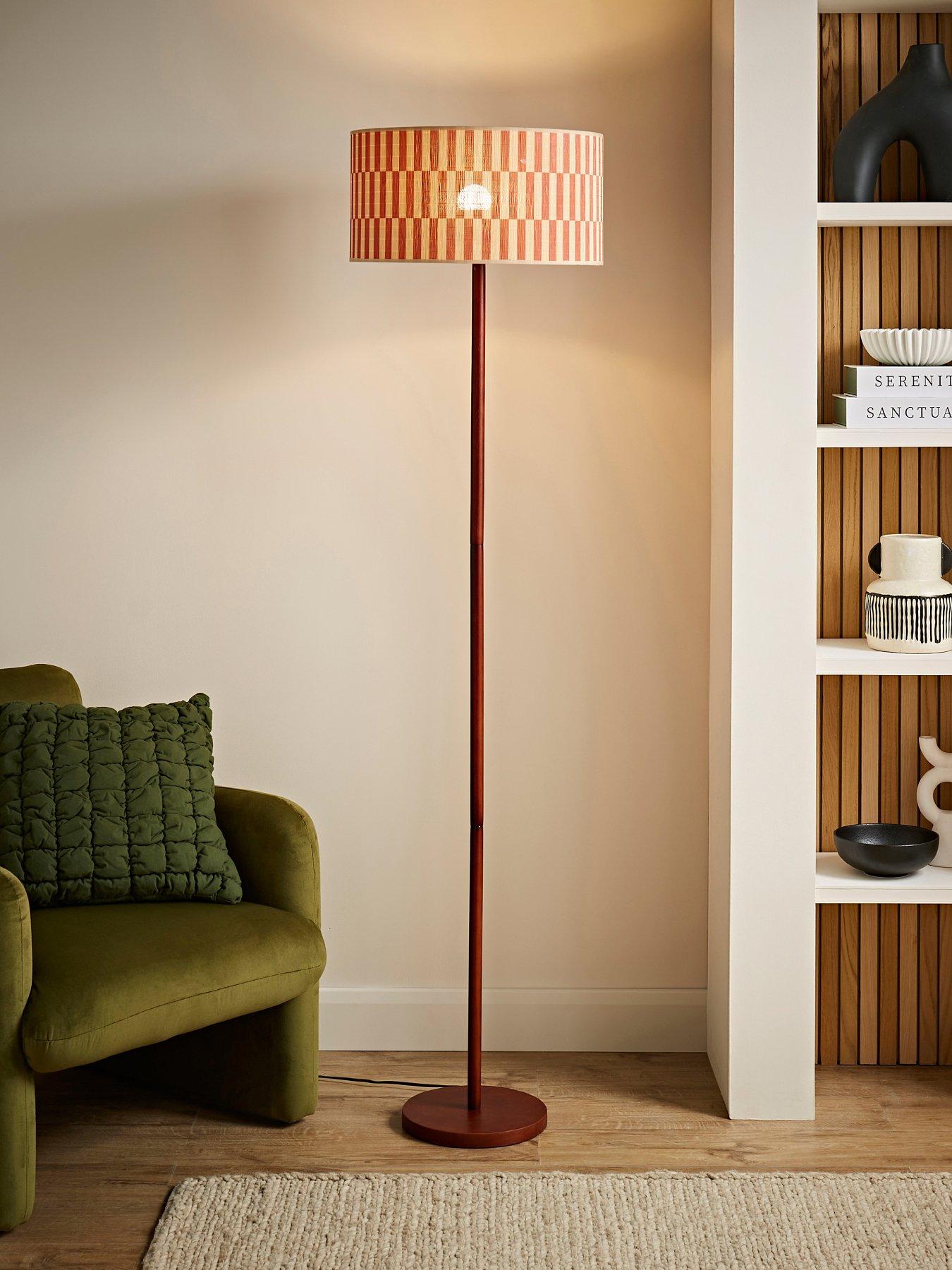 ValueLights Heather Dark Wood Stem Floor Lamp With Orange Checker Bamboo Drum Shade