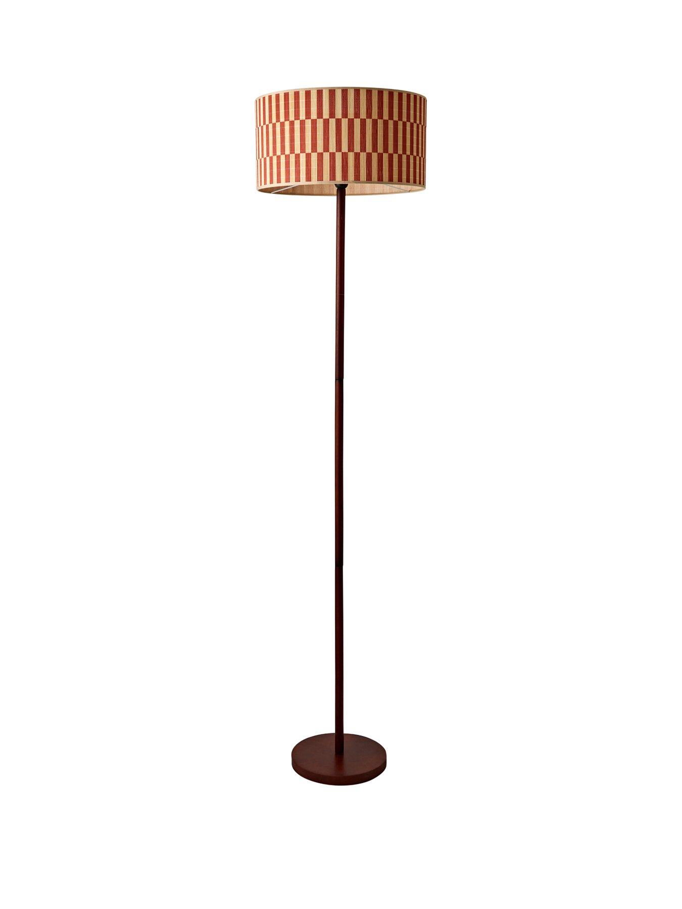 Image 2 of 6 of ValueLights Heather Dark Wood Stem Floor Lamp With Orange Checker Bamboo Drum Shade