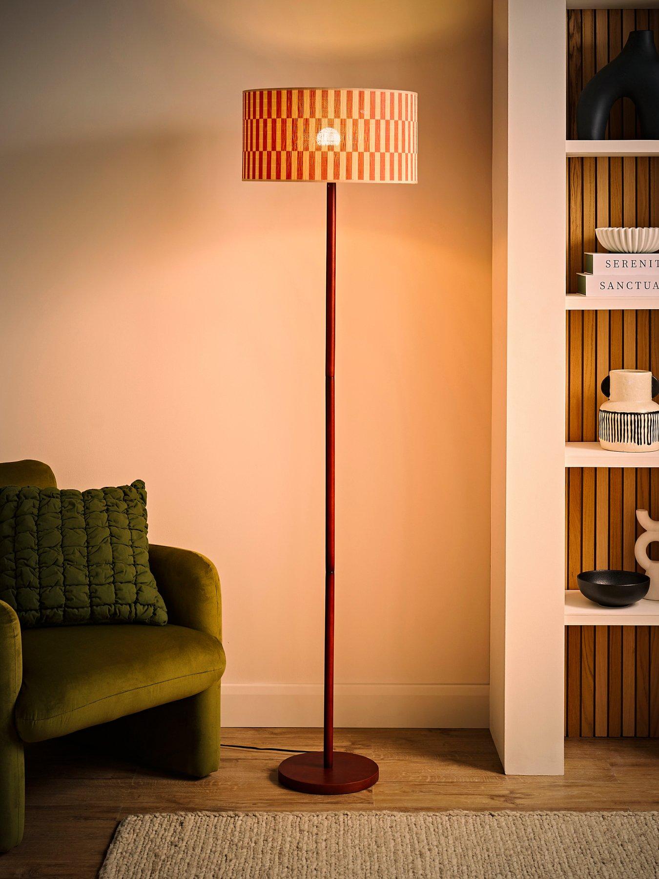 Image 3 of 6 of ValueLights Heather Dark Wood Stem Floor Lamp With Orange Checker Bamboo Drum Shade
