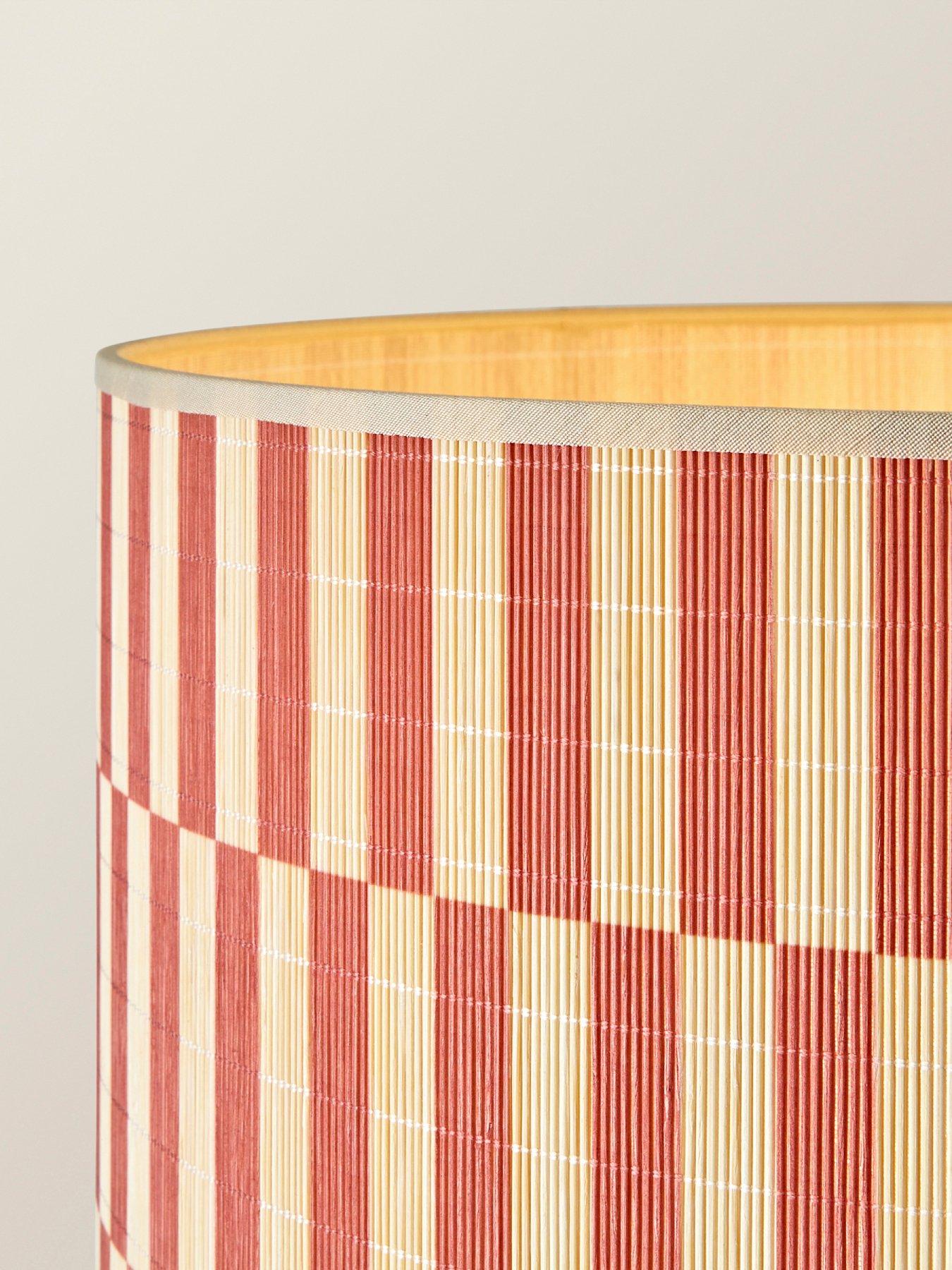 Image 5 of 6 of ValueLights Heather Dark Wood Stem Floor Lamp With Orange Checker Bamboo Drum Shade