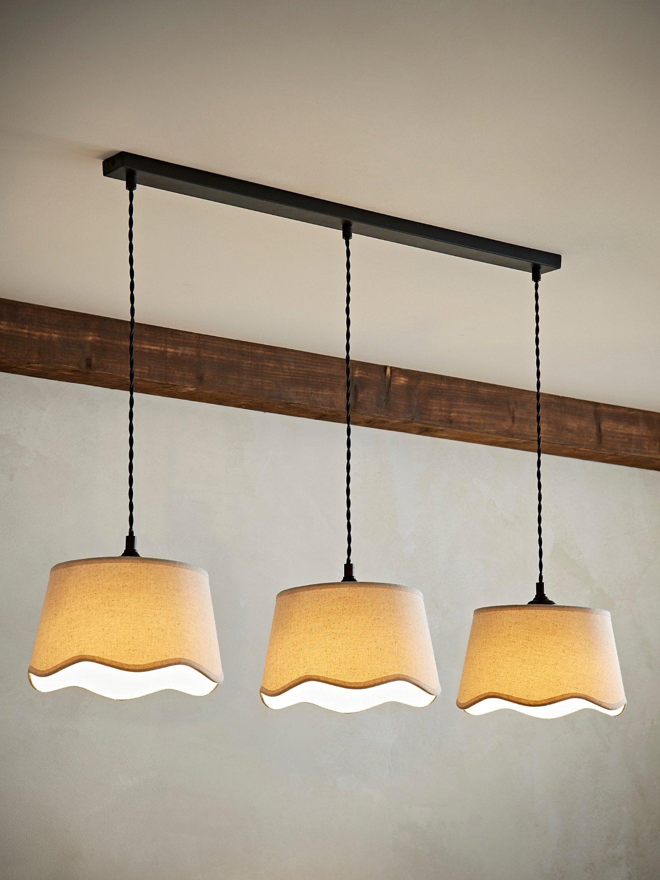 ValueLights Mabel Natural Linen Scallop 3 Drop Bar Black Diner Ceiling Light