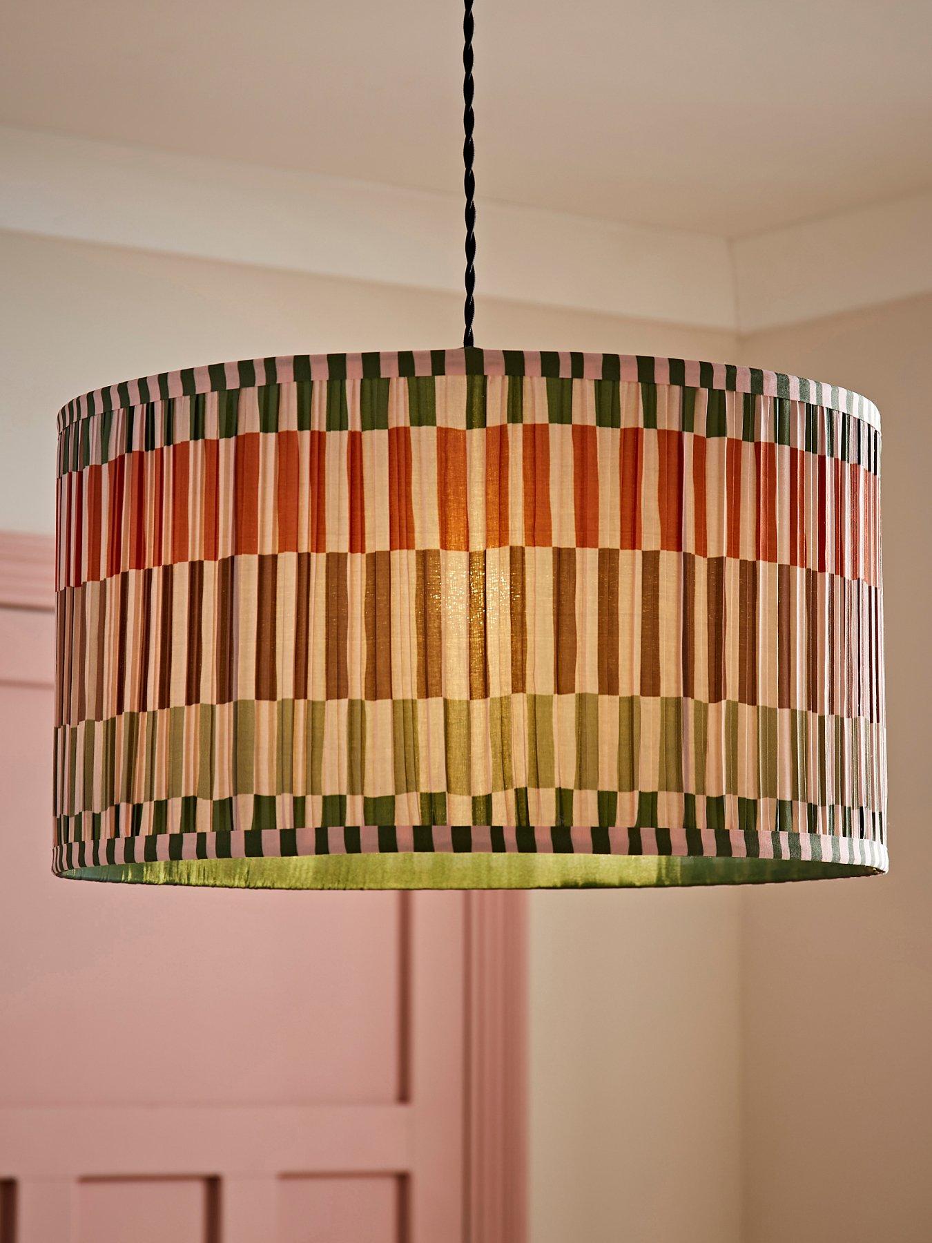Image 1 of 6 of ValueLights Rae Large Pleated Stripe Neutral Drum Easy Fit Ceiling Light Lamp Shade