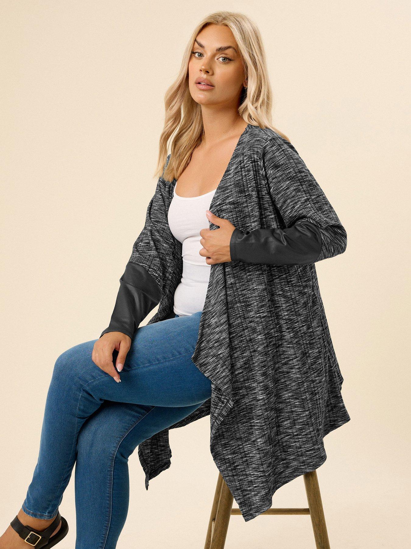 undefined Curve Ribbed Pu Sleeve Cardigan - Grey