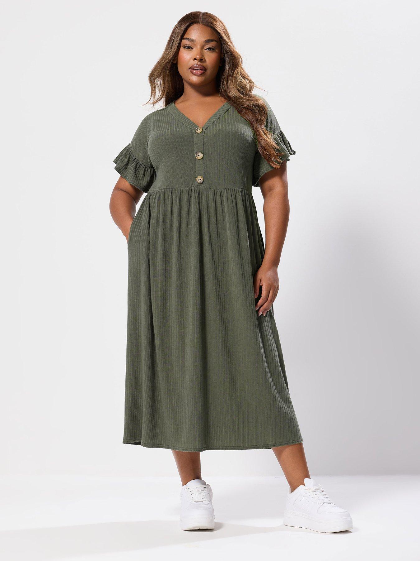 undefined Curve Rib Frill Midaxi Dress - Green