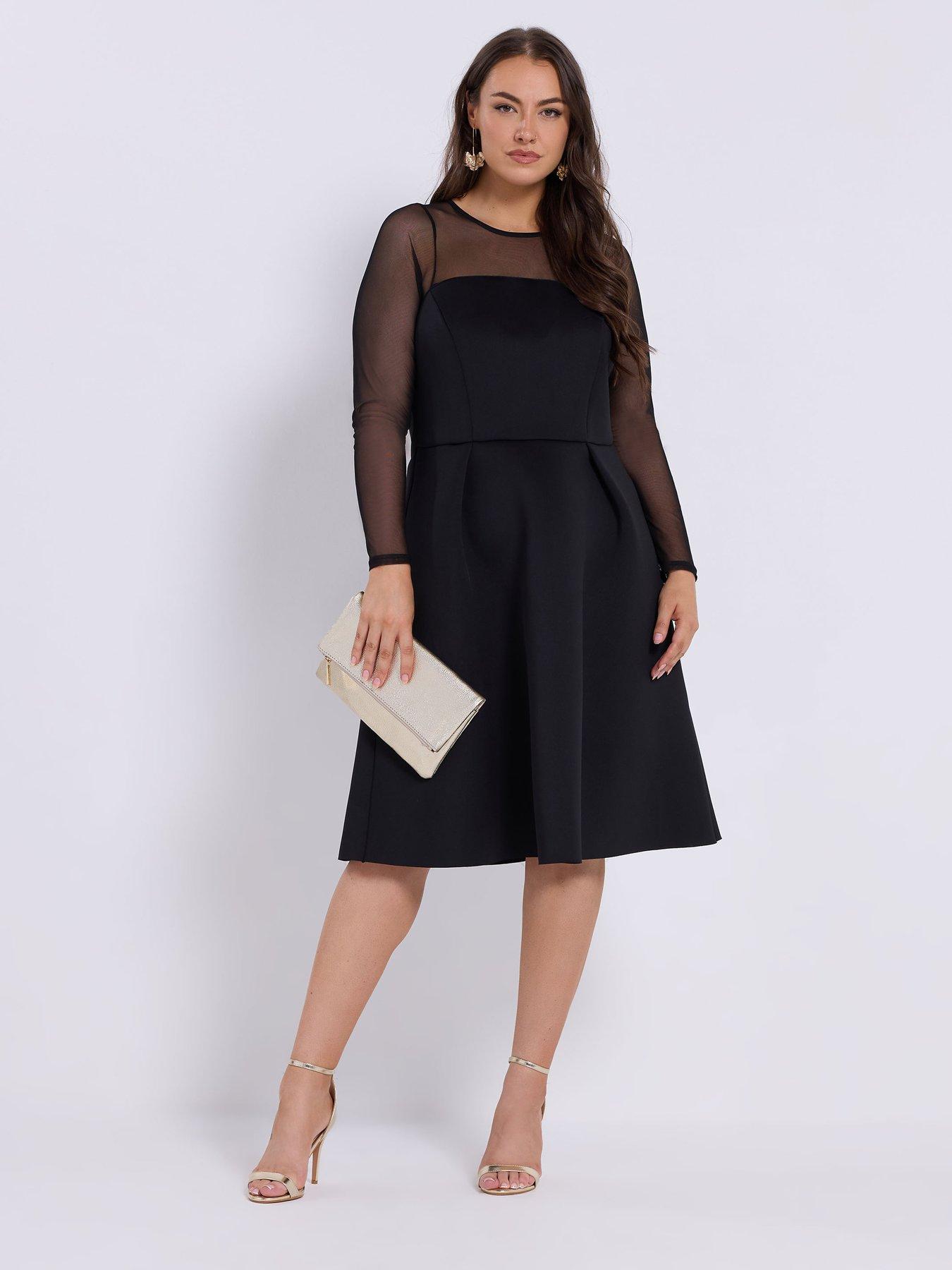 undefined Curve Mesh Sleeve Scuba Skater Dress - Black